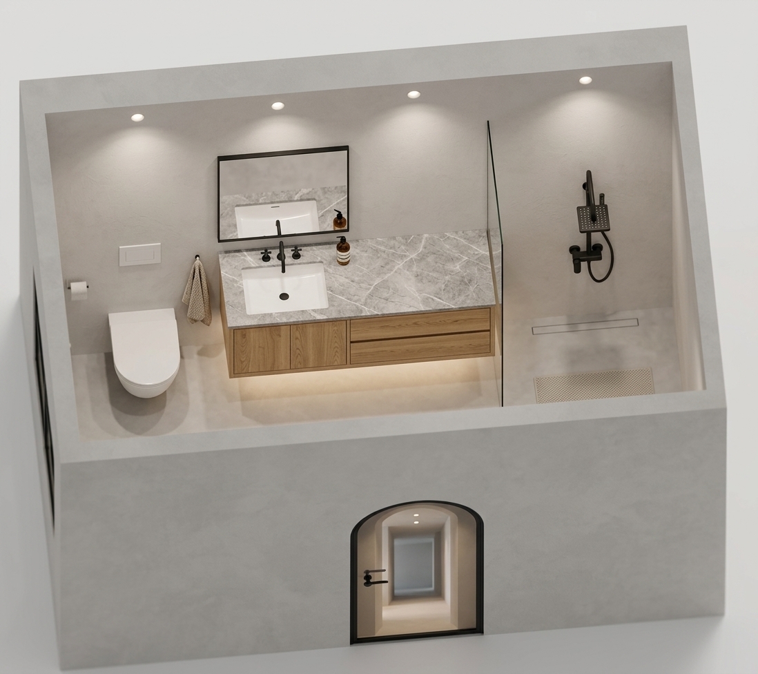 An incredibly lifelike, richly detailed, photorealistic interior photo of a minimalist haven bathroom layout set in a contemporary luxury apartment. The scene is illuminated by soft, recessed architectural ceiling spotlights and a subtle, warm under-cabinet glow, creating a serene and tranquil atmosphere. Captured with a professional 24mm tilt-shift lens, emphasizing the organic grains of the natural oak floating vanity, the elegant webbed veining of the grey marble countertop, and the seamless, smooth texture of the light grey microcement flooring. On the left, a sleek, wall-mounted white ceramic toilet integrates seamlessly with the clean plaster wall, while the central double-width vanity features a pristine rectangular ceramic undermount sink paired with a matte-black three-hole faucet under a minimalist black-framed mirror. To the right, a flawless frameless glass partition separates the wet zone, revealing a modern matte-black thermostatic shower column. In the foreground, an arched glass entryway door with a slender frame anchors the composition, reflecting the soft interior lighting and enhancing the deeply therapeutic, uncluttered spatial design.