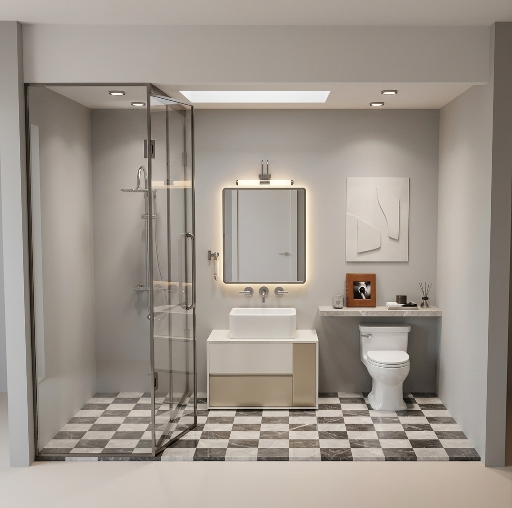 An incredibly lifelike, richly detailed, photorealistic interior photo of a refined bathroom suite set in a modern luxury apartment. The scene is illuminated by minimalist sculptural lighting overhead and a warm backlighting behind the vanity mirror, creating an airy, light-filled, and sophisticated atmosphere. Captured with an architectural wide-angle lens, emphasizing the rich textures of polished stone surfaces and slim metal accents, this clean-lined space radiates contemporary elegance. A seamless glass shower enclosure with slender dark metal trim stands on the left, revealing polished chrome fixtures against a soft gray wall. In the center, a white vessel sink rests on a floating vanity finished in a balance of warm white and soft pearl, punctuated by a champagne-colored accent drawer. To the right, a sleek white toilet is situated beneath a floating polished stone shelf which displays a curated selection of decor, including an artful photography book, while a minimalist abstract wall art piece hangs elegantly above. Grounding the design is a polished checkerboard floor made of refined pearl-gray and dark marble tiles, creating a balanced and understated setting that feels beautifully complete.