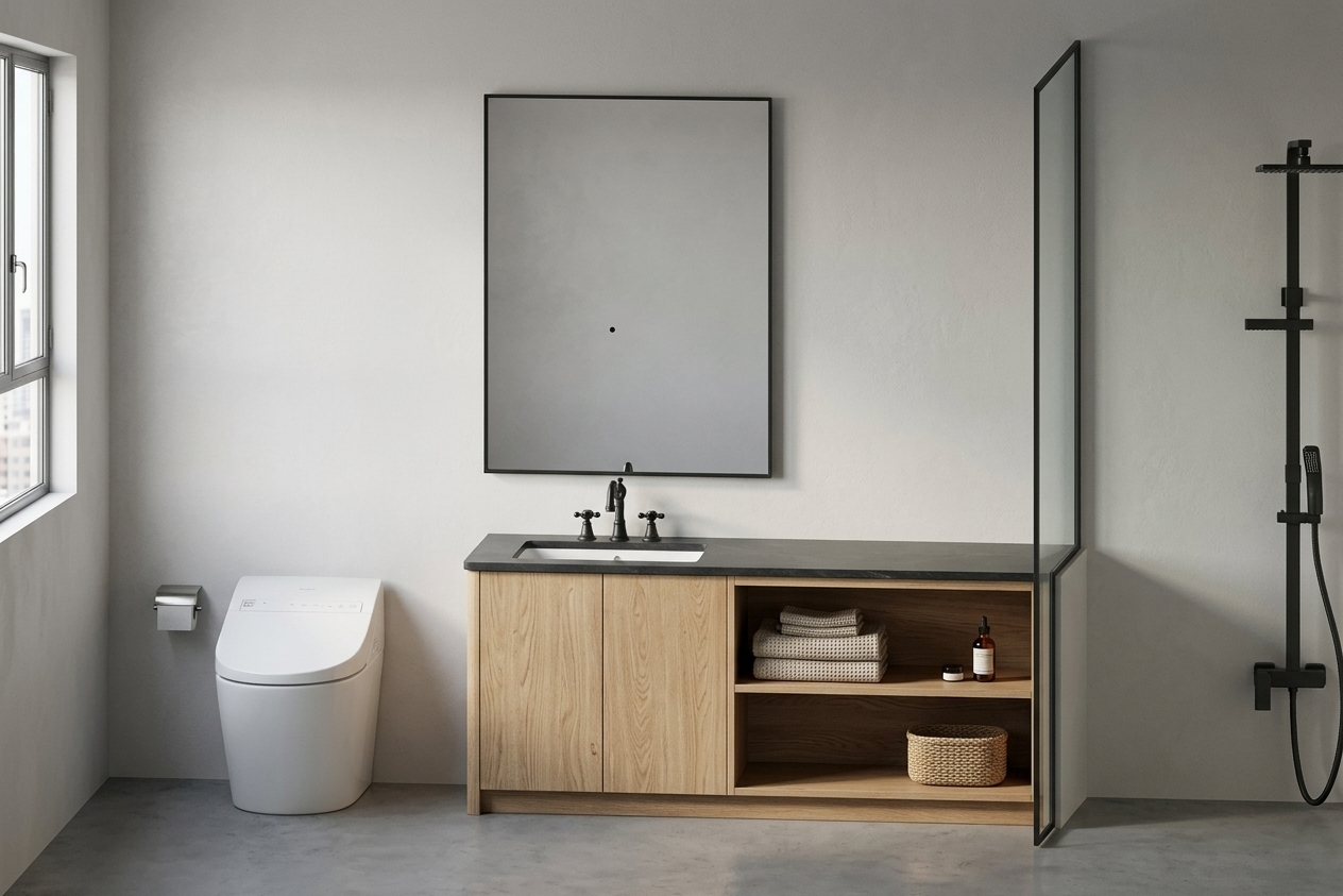 An incredibly lifelike, richly detailed, photorealistic eye-level interior photo of a minimalist haven bathroom set in a modern urban apartment. The scene is illuminated by soft, diffused morning daylight pouring in from an adjacent side window, creating a serene, calm, and airy atmosphere. Captured with a professional 35mm lens, emphasizing the fine textures of natural oak wood grain, smooth matte plaster walls, and sleek metal hardware, the composition focuses on clean horizontal lines. On the left, a modern, low-profile white smart toilet is neatly positioned against the wall next to a bespoke vanity unit crafted from light oak wood, complete with two cabinet doors and open shelves. A dark stone countertop sits atop the vanity, housing an elegant white inset sink with a vintage-inspired black faucet, while a large, minimalist black-framed rectangular mirror hangs centered above. A clear glass walk-in shower partition with a slim black frame separates the washbasin from a sleek, wall-mounted matte black rain shower system, all set against a seamless, cool grey concrete floor that anchors the design in modern sophistication.