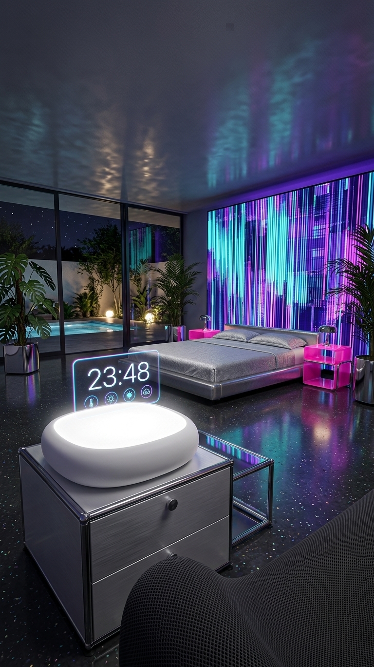 An incredibly lifelike, richly detailed, photorealistic wide-angle interior shot of a futuristic, techno-inspired master bedroom lounge set in a high-end modernist glass pavilion home during a warm summer night. The scene is illuminated by a dynamic interplay of vibrant neon accents, deep ultraviolet backlighting, and soft starlight reflecting off polished-metal surfaces, creating a highly immersive, playful, and surreal techno-wonderland atmosphere. Captured with a 35mm f/1.4 lens, emphasizing the high-gloss shine of chrome furniture, the soft matte texture of smart textiles, and the glowing, crisp edges of cybernetic digital interfaces.

This imaginative redesign elevates the humble digital clock of the source photo into a high-design, smart sanctuary of technology and style. Situated on a modular brushed-aluminum nightstand, the clock has been transformed into an ultra-sleek, rounded matte-white ceramic console with a glowing, custom-colored holographic display that softly projects the night's settings into the air. 

At the center of the room sits a low-profile platform bed upholstered in an innovative, silver-threaded tech fabric. The bed is flanked by modular side tables made of electric-pink molded acrylic and polished steel. Behind the master bed, a massive, wall-sized glitch art installation serves as the artistic focal point, boasting brilliant vertical lines of neon cyan, digital violet, and stark magenta that appear to shift dynamically with the viewer’s perspective. 

The floor is a flawless expanse of charcoal-tinted polished concrete, embedded with iridescent flecks that subtly mirror the room’s colorful lighting scheme. Positioned across from the bed is a cozy lounging area featuring a modular, charcoal-mesh sofa and an eccentric coffee table crafted from color-shifting dichroic glass and brushed chrome. On top of the table rest art books and a minimalist metallic tray holding techno-inspired geometric sculptures.

Warm summer air rustles through the large, floor-to-ceiling glass doors that lead to a courtyard garden. Outside, the architectural house exterior is lit with soft pool lights, casting shimmering blue reflections onto the ceiling of the interior space. Tall, broad-leafed indoor plants, including a towering monstera in a mirrored pot, are tucked into the corners, their organic, curved shapes contrasted beautifully against the sharp, digital geometry of the room. Warm spotlighting from beneath the planters casts dramatic, playful shadows along the walls, completing this harmonious blend of nature and advanced digital living.