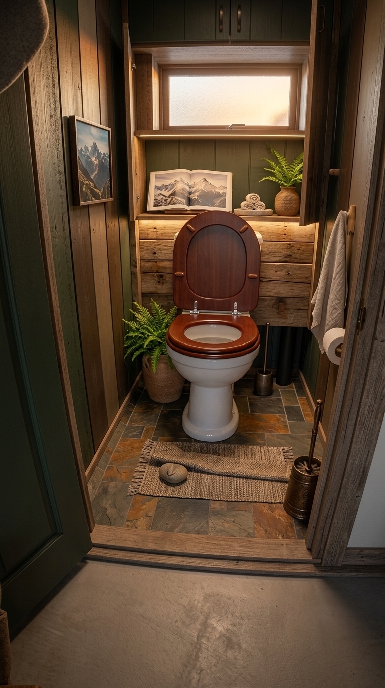 An incredibly lifelike, richly detailed, photorealistic wide-angle interior shot of a beautifully reimagined, cozy alpine toilet room set in a rustic mountain escape. The scene is illuminated by the soft, golden glow of a summer sunset filtering through a high, frosted-glass window, creating a warm, deeply inviting, and peaceful atmosphere. Captured with a professional 35mm lens, emphasizing the tactile textures of rough-sawn wood, rugged stone, and organic plant life, this renovated space transforms the original cramped toilet into an elegant cabin sanctuary. The walls are clad in dark, natural wood vertical planks painted in a soothing color scheme of deep forest greens, warm chocolate browns, and earthy neutrals, accented by a striking piece of framed mountain range wall art. In place of the old clutter, a modern, comfortable white ceramic toilet with a polished mahogany seat sits elegantly against an integrated floating cabinet crafted from sturdy reclaimed log wood, which seamlessly hides all plumbing. Atop a small, rugged wooden shelf adjacent to the toilet sits an open, high-quality photography book of Alpine peaks, a delicate stone tray with neatly rolled organic cotton hand towels, and a lush, vibrant green fern potted in a textured clay vessel that adds a touch of fresh mountain life. The rugged floor is laid with raw, natural slate tiles in variegated slate greys and rich copper tones, making the entire space feel beautifully nestled within a high-elevation woodland retreat.