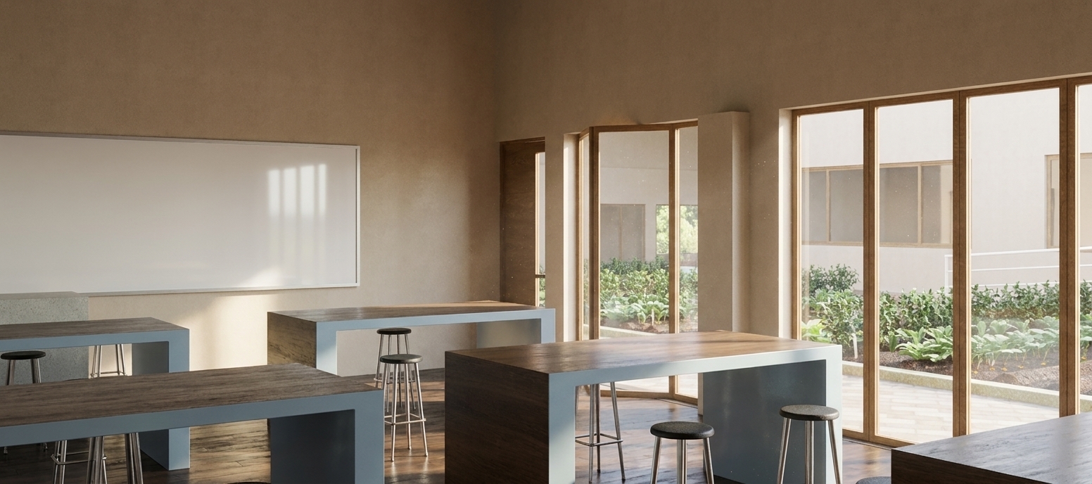 An architectural photograph of a spacious and sun-drenched agricultural workshop classroom, captured with structured realism through a professional wide-angle lens. Warm, bright daylight streams in from the massive floor-to-ceiling sliding glass doors on the right, casting soft, elongated shadows from the furniture onto the rich, dark-toned wood plank flooring. The contemporary, sturdy workbenches are rendered with realistic materials, showing thick, satin-finished dark wood tabletops atop matte, light-blue lacquered bases, paired with minimalist counter stools featuring textured black polymer seats and brushed stainless steel legs that exhibit subtle reflections and natural metallic wear. The left wall is a finely textured warm beige plaster, hosting a clean white glass whiteboard with a slim aluminum frame catching the bright ambient light. Through the pristine glass of the natural oak-framed doors, the outdoor pedagogical cultivation plots are clearly visible, with lush green crops and rows of rich soil illuminated under realistic daylight. The overall lighting is soft yet expressive, featuring realistic global illumination bounces off the beige walls, micro-textures of dust and natural organic wood grains, and a subtle lens vignette that captures the calm, sustainable, and educational atmosphere of the space.