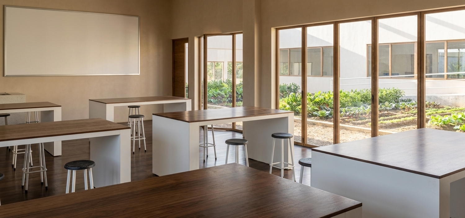 A professional wide-angle interior architectural photograph of a bright, spacious educational cultivation workshop, captured during a clear afternoon with abundant natural daylight. The structural layout, camera perspective, and composition are preserved exactly. Large floor-to-ceiling glass doors with natural oak wood-grained frames look out onto a vibrant outdoor vegetable garden with neat soil beds and lush leafy green crops. The interior features collaborative work tables with rich, dark-stained walnut wood tops showing subtle satin finishes, resting on solid pillars of matte white composite material. The accompanying bar stools feature slender white-coated metal legs and dark charcoal seating with realistic micro-textures and subtle wear. The flooring is made of long, dark hardwood planks that softly reflect the ambient light. The drywalls have a warm beige matte painted texture, holding a pristine white presentation screen with a thin aluminum border on the left wall. The space is filled with soft, diffused sunlight pouring through the large glazing, creating realistic, gentle shadows and a warm, inviting, and sustainable educational atmosphere with clean, highly detailed finishes.