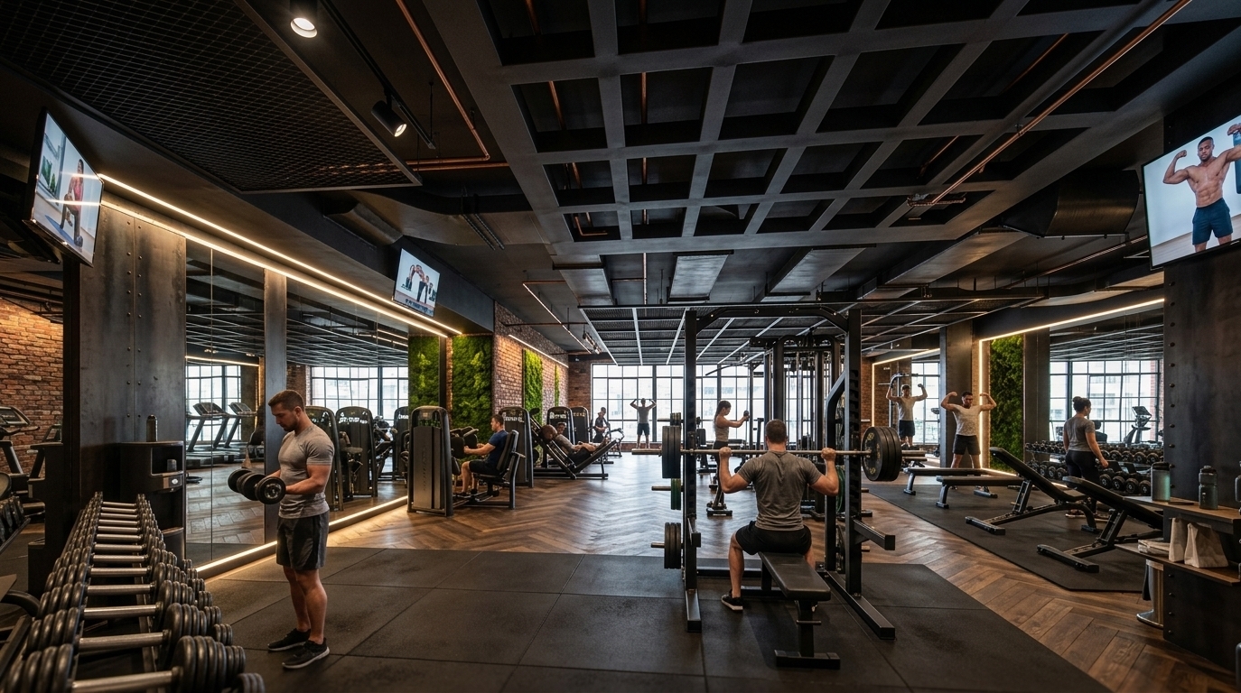An incredibly lifelike, richly detailed, photorealistic wide-angle interior shot of a premium boutique fitness gym set in a converted industrial loft. The scene is illuminated by a combination of moody, warm linear LED strip lights recessed behind the wall mirrors, industrial black pendant track lighting, and soft daylight pouring from floor-to-ceiling iron-framed factory windows, creating an energizing yet sophisticated atmosphere. Captured with a 24mm tilt-shift lens, emphasizing the tactile interplay of raw and polished textures, this alternative design option replaces the original coffered acoustic ceiling with a dramatic, exposed dark-charcoal metal grid paired with sleek copper piping and industrial ductwork. The gray textured pillars and simple green walls have been transformed into rich, weathered red brick masonry and hot-rolled blackened steel structural panels, accented by lush, vertical inserts of preserved forest moss. On the floor, the light-gray concrete is swapped for a high-end, dark chevron-patterned reclaimed oak wood floor that beautifully frames the heavy-duty black rubberized training areas, elevating the room's gritty warehouse character into an ultra-premium, dark-themed industrial athletic sanctuary.