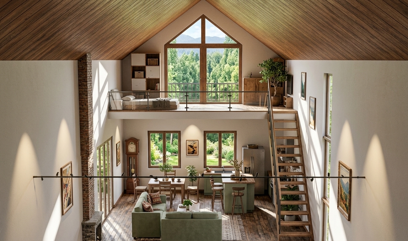 An incredibly lifelike, richly detailed, photorealistic wide-angle interior shot of a double-height open-plan living room with a loft mezzanine set in a rustic modern summer retreat. The scene is illuminated by brilliant, direct midday summer sun streaming through the expansive triangular gable windows and lower garden-facing panes, creating a vibrant, airy, and adventurous atmosphere. Captured with a professional 24mm tilt-shift lens, emphasizing the rich, warm grains of the vaulted wooden ceiling, the intricate textures of the brick chimney, and the curated, layered finishes of this "travelers trove" design, the living space is a masterful mix of vintage and modern furniture. On the ground floor, sage green sofas are beautifully styled with eclectic global patterns on hand-woven throw cushions, while collected wooden surfaces—including the cozy dining set and kitchen island—display an array of unique travel-themed decor, artisanal ceramics, and open photography books. Lush indoor plants, including a delicate potted tree on the dining table, bring vibrant life indoors, echoing the dense, leafy green foliage visible through the glass. Along the tall, white-washed walls, dramatically highlighted by cone-shaped beams of light from adjustable tracks, hang artistic travel-inspired wall art and a nostalgic wooden grandfather clock. An elegant, open-tread wooden staircase on the right leads to a cozy mezzanine bedroom secured by a minimalist glass and metal balcony, creating a beautifully balanced, worldly home that feels deeply cultured, nostalgic, and unique.