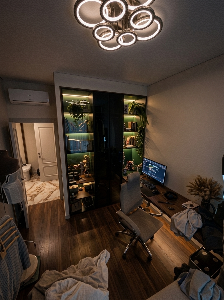 An incredibly lifelike, richly detailed, photorealistic wide-angle interior shot of a high-end, customized study room set in a sophisticated modern residence. The scene is illuminated by warm, indirect LED strips integrated into the cabinetry and a subtle, moody ambient glow, creating a cozy yet elevated neon noir atmosphere. Captured with a 35mm f/1.8 lens, emphasizing the pristine grain of the dark walnut wood, the polished sheen of smoked glass, and the rich textures of structured decor. The central and left-hand segments of the massive built-in unit are now beautifully unified behind sleek, minimalist doors made of premium black-tinted glass, creating clean reflections and completely concealing any internal wardrobe clutter. On the right, the open shelving features a stunning, deep forest green accent back panel, vividly illuminated by concealed, warm LED strip lighting under every individual shelf. These shelves are meticulously styled with gallery-like precision, displaying neat rows of books, a few lush cascading plants, and prized collectible figures showcased like fine art. Seamlessly connected to this unit is a matches-perfect dark walnut desk, completely free of visible cables, creating a pristine, professional workstation equipped with high-end tech and a stylish ergonomic chair, embodying the peak of functional luxury and balanced design.