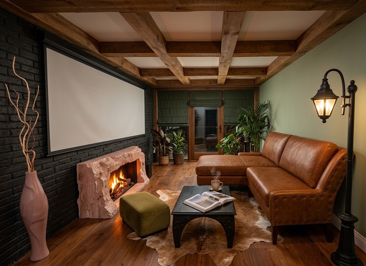 An incredibly lifelike, richly detailed, photorealistic wide-angle interior photograph of an eclectic, "travelers trove" living room set in a warm, rustic-modern urban home. The scene is illuminated by the rich, amber fireplace glow and the quaint, nostalgic light of a black vintage streetlamp floor lamp, creating a cozy, adventurous, and deeply curated evening atmosphere. Captured with a professional 24mm f/2.8 prime lens, emphasizing the tactile textures of the dark, charcoal-black brick wall, polished chestnut wood floors, and the buttery grain of a cognac-brown leather L-shaped sofa. This worldly space blends vintage and modern elements seamlessly; the studded leather sofa is backed by a soft sage-green wall and is paired with a low, olive-green velvet ottoman. On the floor, a low-profile, hand-carved black coffee table holds a steaming ceramic mug and a heavy, open photography travel book, all resting on a natural cowhide rug. To the left, a tall, stylized dusty-pink floor vase with dried branches stands beside a unique, raw-cut pink travertine fireplace, above which hangs a large, matte-white projection screen. Overhead, heavy rustic wooden ceiling beams frame the room, while in the background, floor-to-ceiling glass doors are draped with dark-green Roman shades, surrounded by lush potted indoor plants that complete this vibrant, cultured home sanctuary.