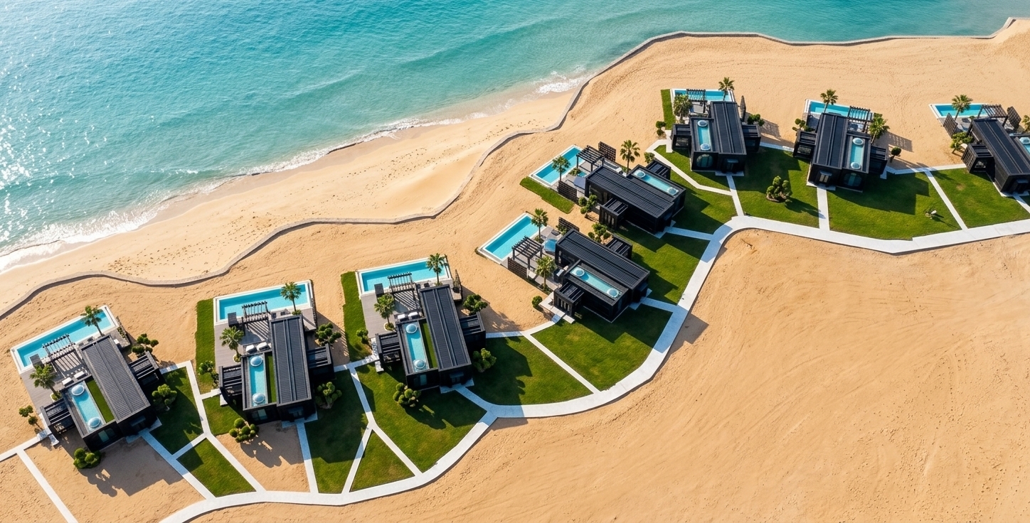 An incredibly lifelike, richly detailed, photorealistic aerial drone shot of a high-tech luxury villa resort set in a pristine coastal environment where warm golden sand meets a vibrant, crystal-clear turquoise sea. The scene is illuminated by brilliant, high-angle afternoon sunlight, casting sharp, defined shadows that highlight the intricate, complex geometries of the structures, creating a sophisticated and futuristic atmosphere. Captured with a high-end medium format camera and a wide-angle lens, emphasizing the sharp contrast between the modern matte-black composite cladding of the villas and the soft, organic textures of the sandy beach and gentle rolling waves, the shot beautifully showcases this "techno wonderland." The villas are arranged in a staggered, diagonal procession along the private shoreline, linked by a winding, clean-paved white concrete walkway that bends exactly as depicted in the layout. Each modular, industrial-chic villa features its own rectangular outdoor pool filled with shimmering light blue water, nestled within a minimalist deck accompanied by manicured patches of vibrant green grass, sparse sculptural trees, and small manicured shrubs. From this high perspective, the dark, machine-like roofs with circular skylights and structural frames stand out boldly, highlighting how cutting-edge private architecture gracefully coexists with the expansive, serene ocean backdrop.