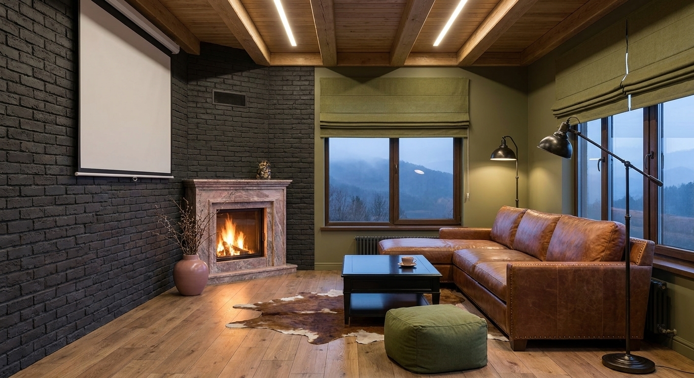 A wide-angle, high-end interior photograph of a cozy, rustic cabin living room, captured with a professional camera and a sharp 24mm lens to ensure every material is rendered with rich, tactile detail. The wooden beamed ceiling is illuminated by a warm, soft, diffused golden glow emitting from hidden recessed strip lights between the beams, casting a gentle downlight throughout the space. On the left, the wall of dark charcoal-black matte brick features a crisp white projector screen and an organic, modern fireplace crafted from smooth, pinkish-gray veined marble, inside of which a lively fire crackles, throwing a warm orange flicker onto the surrounding surfaces. Beside the hearth sits a tall, matte ceramic vase in a dusty rose hue filled with delicate dry branches. The flooring consists of natural wood planks with a soft satin finish and visible grain. An L-shaped sectional sofa in distressed cognac-brown leather with brass nailhead trim sits against a flat olive-green wall, lit by a vintage-style black metal floor lamp emitting a warm amber light. In the center, a low, black lacquered coffee table holding a ceramic cup and saucer rests on a realistic cowhide rug next to a simple square olive-green fabric pouf. Through the large windows at the back, past partially drawn olive-green Roman shades, a soft-focus vista of rugged, misty mountains under a cool, atmospheric twilight sky is visible, creating a serene and cozy mountain hideaway ambiance.