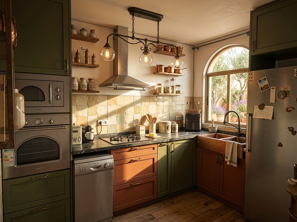 An incredibly lifelike, richly detailed, photorealistic wide-angle interior photograph of a reimagined 'Travelers Trove' kitchen set in a sun-drenched Mediterranean villa. The scene is illuminated by warm, late-afternoon golden-hour sunlight streaming through a large arched window, creating a nostalgic, serene atmosphere. Captured with a 35mm f/1.8 lens, emphasizing the tactile textures of rough-hewn elements, the shimmer of metallic accents, and an artistic hand-drawn graphite pencil sketch overlay that subtly traces the architectural contours, this exquisite kitchen seamlessly blends rustic world-traveler charm with artisanal craftsmanship, replacing the original cabinets with deep olive green and rich terracotta Shaker-style cabinetry adorned with antique unlacquered brass latches. The countertops are upgraded to a thick slab of soapstone with beautiful white veining, hosting a deep, hand-hammered copper apron sink under a matte-black gooseneck faucet. Replacing the original tiled backsplash is an array of authentic, irregularly textured zellige tiles in sand, ochre, and pale sage tones that catch the sunlight beautifully. Overhead, the black industrial light fixture is reimagined as an elegant, custom-forged wrought iron chandelier with delicate glass globes containing Edison bulbs, flanked by floating shelves of reclaimed timber displaying global treasures: hand-thrown ceramic jars, Moroccan brass spice mills, and antique copper cookware. The floor features wide-plank, distressed French oak that grounds the layout, while the window looks out onto a vibrant, sun-dappled courtyard filled with olive trees and lavender, blending external nature with the internal layout in perfect human scale and harmonious balance, all while the delicate, hand-etched pencil lines along the cabinet edges evoke the feel of an architect's sketchbook brought to life.