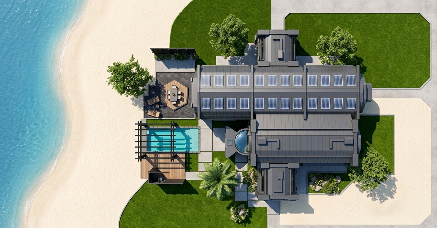 An incredibly lifelike, richly detailed, photorealistic top-down aerial photograph of a premium architectural beach villa set in a high-tech coastal environment. The scene is illuminated by brilliant, direct midday sunlight, creating a vibrant, luxurious, and ultra-modern techno wonderland atmosphere. Captured with a high-resolution medium format drone camera, emphasizing the contrast between sleek, matte-grey industrial metals and soft, organic natural textures, this stunning floorplan-style view showcases the sprawling outdoor pool area and estate. The roof of the main villa is a masterpiece of modern engineering, clad in dark metallic panels integrated with two long rows of glistening, grid-like solar panels that catch the sun's glare. Encircling the building, clean-cut concrete walkways weave through immaculate, bright green lawns populated by leafy trees and a central, perfectly symmetrical tropical palm tree emerging from a decorative bed of green shrubs and smooth garden stones. On the left side of the courtyard, a pristine, turquoise plunge pool is sheltered beneath a minimalist black-timber pergola, situated adjacent to an outdoor sitting area paved with dark geometric tiles and styled with contemporary wooden lounge chairs. This high-tech oasis sits on a wide, sweep of powdery, cream-colored beach sand that meets the calm, crystalline azure waters of the tranquil sea, creating a harmonious blend between cutting-edge luxury and pristine nature.