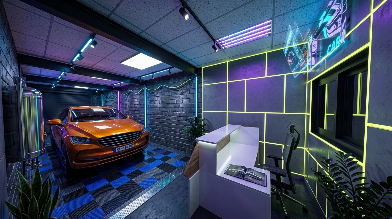 An incredibly lifelike, richly detailed, photorealistic wide-angle interior perspective shot of a cutting-edge cyber-eclectic vehicle exhibition and reception space set in a gritty, high-tech urban workshop at night during mid-summer. The scene is illuminated by vibrant neon blues, purples, and electric yellow-greens cascading from overhead LEDs and holographic displays, casting sharp, dramatic shadows against the dark brickwork, creating a moody, energetic, and futuristic atmosphere. Captured with a professional full-frame camera with a 14mm ultra-wide-angle lens, emphasizing the high-gloss metallic orange finish of the car, the matte texture of the gray brick walls, and the reflective, LED-accented surfaces of the custom reception desk. At the center of the exhibition bay, a sleek orange SUV gleams under specialized lighting on a blue and black checkered platform. To the right, a futuristic reception station consists of a geometric paneled wall with luminous neon yellow seams, a white-and-wood mixed-media desk with built-in LED detailing, and an ergonomic silhouette of a high-tech mesh chair offset against the vibrant backdrop. Digital holographic wall art flickers above the window frame, depicting stylized automotive graphics that capture the essence of high-speed urban culture. Touches of industrial grunge are softened by the subtle placement of dark green indoor plants in the corners, while a stylish photography book lies on the metallic-accented desk counter, reinforcing the layered, cyber-chic aesthetic of this vibrant, multi-textured environment.