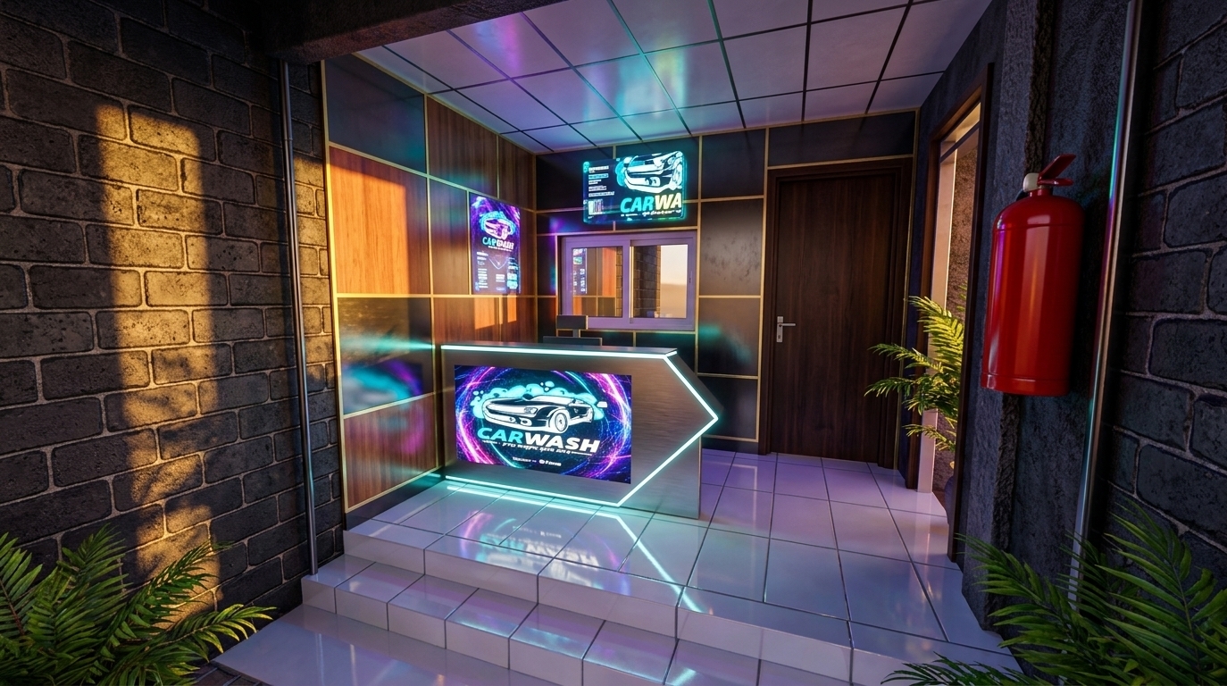 An incredibly lifelike, richly detailed, photorealistic wide-angle interior shot of a futuristic hotel lobby reception alcove set in a vibrant, cyber-eclectic boutique hotel during a warm summer sunset. The scene is illuminated by a dramatic combination of warm, low-angle golden hour light filtering in from the street and the intense, high-energy glow of local neon blues, purples, and greens, creating a mysterious, high-tech, and vibrant atmosphere. Captured with a professional 24mm f/2.8 lens on a full-frame camera, emphasizing the highly reflective gloss of the white tiled floor, the gritty texture of the dark concrete block side walls, and the sleek finish of the LED-accented furniture. The composition replicates the stepped entrance of the original space, leading up to a compact reception desk that has been reimagined as a brushed-metal console with integrated glowing LED trim, displaying dynamic holographic wall art and cyberpunk-inspired digital branding hovering just behind it. The interior walls feature a rich, layered mix of polished wood panels, gold-trimmed divides, and dark metallic surfaces, while a sleek, dark wood door sits to the far right next to a bright red fire extinguisher that pops against the dark, textured columns. Vibrant, leafy indoor ferns are tucked into the corners, thriving under the artificial neon glow, while the glossy tiled floor acts as a canvas, reflecting the complex, colorful lighting scheme and the grid-patterned ceiling above to evoke the raw, polished aesthetic of a high-end architectural photography book.