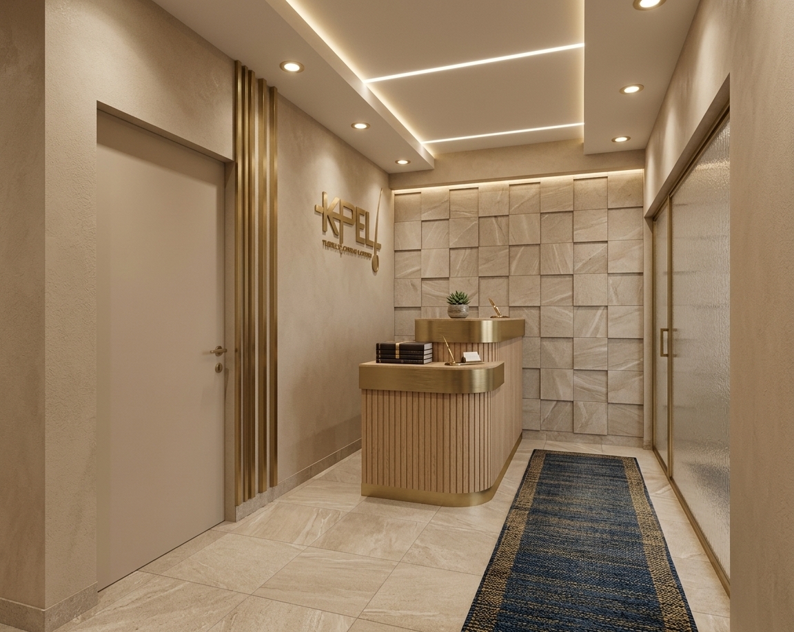 An incredibly lifelike, richly detailed, photorealistic wide-angle interior photo of a luxurious, serene reception lobby designed as a minimalist haven, reminiscent of a high-end boutique hotel spa. The scene is illuminated by an enhanced artificial lighting design featuring warm, recessed LED ceiling spot lamps and a sleek, continuous linear light strip, creating a deeply tranquil and inviting atmosphere. Captured with a professional 24mm tilt-shift lens, the shot emphasizes exquisite textures: the fine-grained fluted light oak panelling on the reception desk, the subtle reflective sheen of the brushed brass accents wrapping its curved edges, and the tactile contrast between the smooth, sand-textured plaster walls and the geometric, 3D stone tile feature wall behind the counter. Large-format, matte-finished beige stone tiles underfoot exhibit realistic grain variations, while a clean-lined, satin-painted door on the left and elegant frosted glass panels on the right frame the reception area, producing a perfectly balanced, serene composition with exceptional depth and realistic, soft-shadowed clarity.