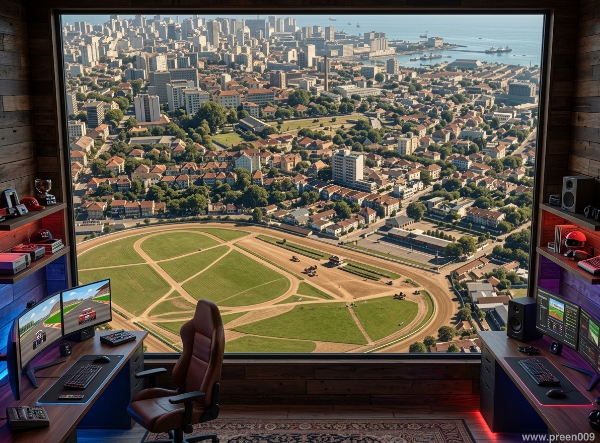 An incredibly lifelike, richly detailed, photorealistic wide panoramic shot of a monumental window view of a stylized 1950s horse racing track (hipódromo de corrida de cavalos) and vintage cityscape set in a luxurious, modern mountain escape gaming room. The scene is illuminated by the warm, ambient RGB glow of high-tech monitors and built-in LED cabinetry combined with dramatic, high-contrast natural daylight pouring through the massive glass viewing pane, creating a cozy, nostalgic, and high-tech atmosphere. Captured with a Hasselblad H6D-100c, emphasizing the rich textures of the interior's reclaimed dark hardwood paneling, leather seating, and sleek gaming gear, contrasted beautifully against the incredibly detailed, rendered urban photo outside which showcases the dirt oval of the historical racetrack, sprawling block-by-block mid-century European-style architecture, and a distant shimmering bay under a clear, cinematic sky.