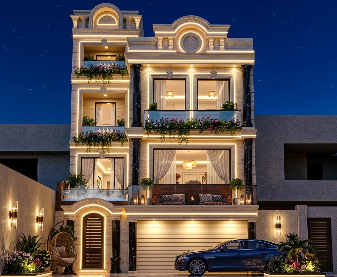 An incredibly lifelike, richly detailed, photorealistic front elevation architectural photo of a grand neoclassical residence infused with Moroccan mystique and onsen-inspired tranquility, set in a private, landscaped courtyard during a crisp spring night. The scene is illuminated by a brilliant display of warm linear LED strips mapping the architectural cornices, dramatic double-sided wall sconces flanking the left and right facade, and radiant ceiling lights casting a warm glow on the pilot floor, creating a bright, glowing, and enchanting atmosphere. Captured with a professional 24mm architectural lens, emphasizing the tactile textures of the cream-colored travertine stone, the stark contrast of the polished black fluted columns, and the vibrant botanical life, the image highlights the building's elegant design. Modern glass railings grace the first-floor and rooftop terraces, overflowing with a dense arrangement of colorful spring flowers, climbing ivy, and lush shrubs. The main first-floor terrace features a unique, luxurious design reminiscent of an outdoor onsen, detailed with rich timber accents, soft steaming water vapor, and Moroccan-patterned floor cushions. Inside the upper floor windows, warm interior pendants illuminate delicate sheer linen curtains. In the foreground yard, a sleek, modern luxury vehicle sits parked beside a cozy rattan swing chair nestled among illuminated planters, exotic shrubs, and blossoms, adding a lived-in warmth to this luxurious nocturnal sanctuary.