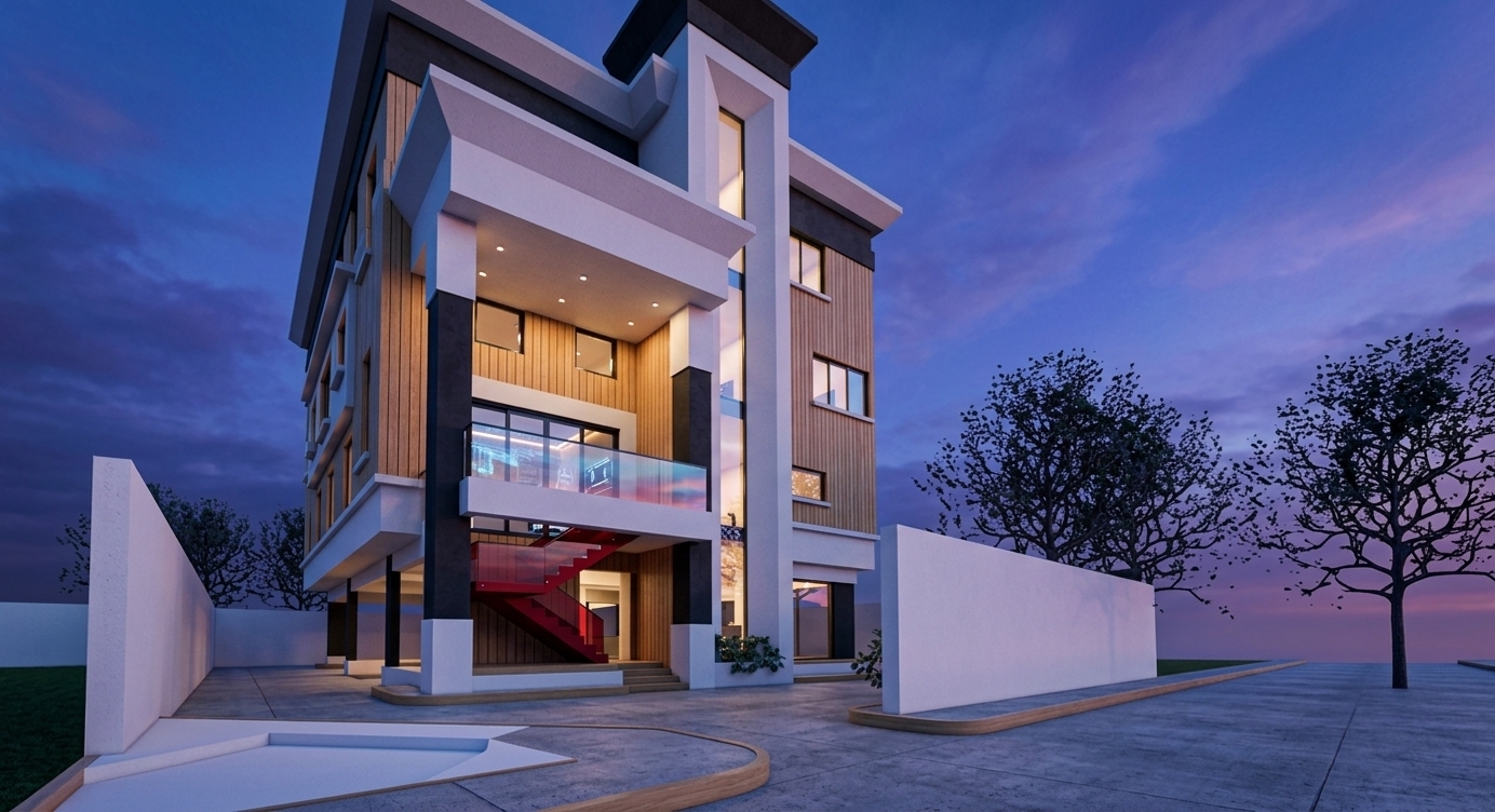 An incredibly lifelike, richly detailed, photorealistic low-angle architectural photo of an avant-garde multi-story modern residence set in a sleek, minimalist urban landscape. The scene is illuminated by dramatic neon-infused twilight and warm interior lights spilling from within, creating a vibrant, sophisticated techno wonderland atmosphere. Captured with a high-end 35mm tilt-shift lens, emphasizing the rich grain of the light-oak vertical wood-batten facade, the crisp matte finishes of the stark white and charcoal concrete volumes, and the highly reflective surfaces of the expansive glazed sliding doors that offer a tantalizing glimpse of a stylish, techno-wonderland-themed master bedroom interior, this 6k image generation keeps the original color scheme completely intact. The composition spotlights the structural dynamics of the elevated building resting on sturdy, geometric black and white pilotis, accented by a striking crimson-red modern staircase that leads elegantly to the first-floor balcony. Glossy glass balustrades catch the shifting evening light, while the clean-lined white perimeter walls, beautifully rendered concrete pavement with curved light-oak borders, and flanking silhouette-like trees add depth and environmental context to this immaculate, high-end architectural visualization.