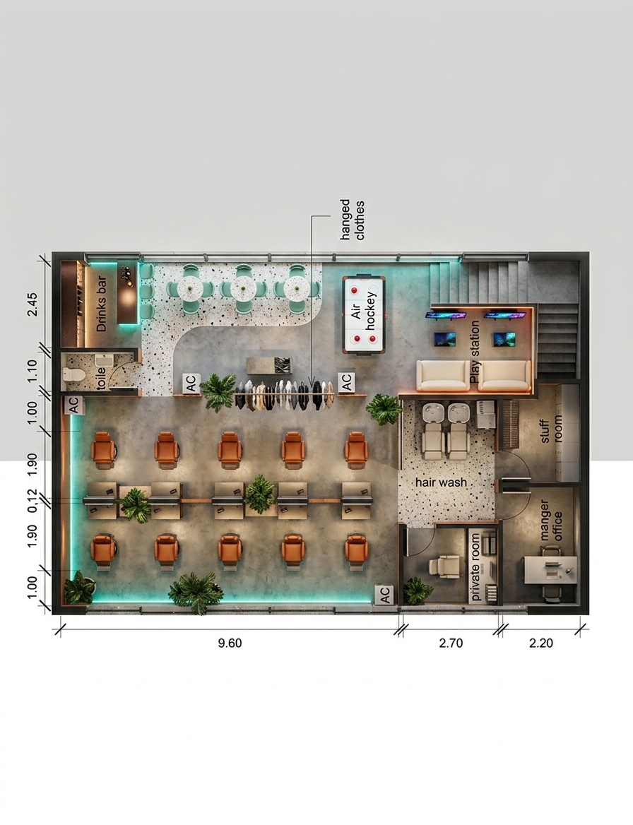 An incredibly lifelike, richly detailed, photorealistic top-down 3D architectural rendering of a rectangular Gen Z barber shop and social lounge floor plan set in a chic, industrial commercial space. The scene is illuminated by a blend of soft neutral daylight, warm directional spotlights, and colorful LED strip lighting, creating a vibrant, high-energy neon-noir atmosphere. Captured with an orthographic medium format camera to ensure perfect spatial geometry, emphasizing the rich contrast between the sleek polished concrete floor, vibrant teal (RGB 26, 76, 63) and burnt orange (RGB 209, 105, 47) finishes, and the organic textures of terrazzo tiles and lush indoor plants. On the left side, ten sleek, modular cutting stations with integrated vanity mirrors, built-in USB docks, and orange leather chairs are arranged back-to-back in two neat rows. The upper section features a contemporary, LED-lit drinks bar next to a café seating area with mint-green (RGB 66, 132, 110) chairs around terrazzo tables, which flows into an active zone featuring an air hockey table and a centralized clothing rack. Along the right, a dedicated "Play station" gaming lounge is furnished with low-profile, cream-colored (RGB 244, 232, 215) sofas facing digital screens, while a separate hair-wash station houses dual reclining washing bowls. The bottom-right quadrant meticulously maps out a private room, a manager's office, a staff break room, and a modern restroom at the top-left corner, all brought to life with incredibly crisp, photorealistic textures, metallic accents, and realistic depth of field.