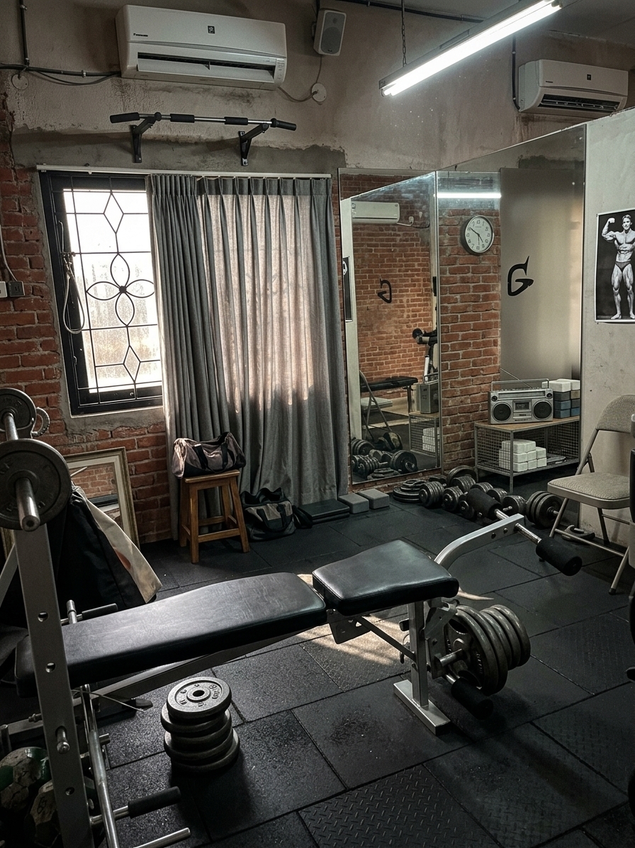 An incredibly lifelike, richly detailed, photorealistic medium-wide shot of a nostalgic late 90s-inspired home gym set in a spacious converted industrial loft. The scene is illuminated by a mixture of cool, gritty overhead industrial fluorescent tubes and warm, dusty afternoon sunlight streaming through large, black-framed steel factory windows, creating an energizing and retro-athletic atmosphere. Captured with a 35mm f/2.8 lens, emphasizing the rough texture of exposed red brick walls, the textured grip of black interlocking rubber gym floor tiles, and the brilliant gleam of chrome-handled dumbbells. The reimagined layout replaces the chaotic clutter with a streamlined, professional-grade setup: a heavy-duty silver steel squat rack stands proudly against the brick wall, complemented by an adjustable weight bench wrapped in premium, durable black double-stitched vinyl. To the side, a tall, industrial wire shelving unit neatly organizes cast-iron weight plates, chalk blocks, and a vintage silver portable boombox, while a seamless floor-to-ceiling mirror spans one wall, enhancing the room's proportions and reflecting the functional, hard-core training vibe. A large, retro analog wall clock and a minimalist black-and-white bodybuilding poster complete the aesthetic, transforming the space into a highly motivating, balanced, and premium private gym that perfectly blends raw industrial grit with iconic turn-of-the-century fitness nostalgia.