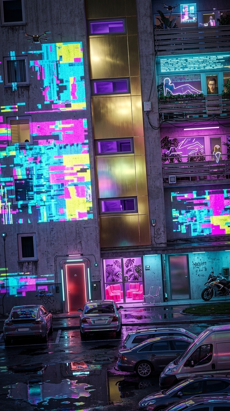 An incredibly lifelike, richly detailed, photorealistic low-angle wide architectural shot of a retrofitted brutalist apartment building facade transformed into a cybernetic canvas set in a lively tech-district city street during a warm summer night. The scene is illuminated by a dazzling symphony of pulsating holographic projections, neon pink and cyan storefront glows, and shifting digital light leaks, creating a vibrant, futuristic, and surreal techno-wonderland atmosphere. Captured with a medium format camera with a 35mm prime lens, emphasizing the rough, grimy concrete contrast against ultra-slick polished metallics, wet reflective asphalt, and glowing holographic light.

The building's blocky architectural footprint is reimagined as an immersive digital canvas, its towering concrete walls decorated with shifting, high-contrast glitch art projections that flicker in vibrant shades of electric blue, magenta, and lemon yellow. The central recessed vertical bay, originally a matte yellow, is now clad in a reflective, brushed-gold metallic paneling that catches and refracts the ambient neon streetlights, while its narrow horizontal windows glow with mysterious internal violet hues. At ground level, the entrance hall is a techno-inspired sanctuary visible through large, floor-to-ceiling glass panes; inside, modular translucent plastic seating in hot pink and chrome-framed wire chairs sit amidst lush, oversized split-leaf philodendrons illuminated by purple interior grow-lamps. The security doors have been upgraded to sleek, satin-finished metallic red portals bordered by integrated cybernetic strip lighting. On the wet black asphalt in front, where a warm summer drizzle has just settled, deep puddles mirror the chaotic beauty of the holographic facade, distorting the colorful reflections of sleek electric cars parked in the bays. This striking play of rugged, industrial materials against high-tech, playful digital decor creates a beautifully surreal contrast, inviting the viewer into a living, breathing cyberpunk domesticity.