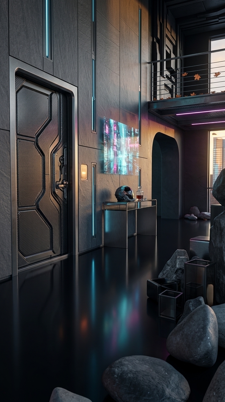 An incredibly lifelike, richly detailed, photorealistic wide-angle interior shot of a futuristic, ultra-modern cyberpunk entryway set in a high-end urban loft during an autumn sunset. The scene is illuminated by a dramatic combination of warm golden hour sunset light filtering from the outside and cool, moody cyan and magenta neon glowing from recessed wall strips, creating a cinematic, mysterious, and sophisticated neon noir atmosphere. Captured with a Hassleblad H6D-100c with a 24mm prime lens, emphasizing the raw slate and cold carbon-fiber textures, sleek polished black concrete floor reflections, and shimmering holographic digital art panels.

The original unfinished concrete wall and simple wooden floor are completely reimagined into a dark, gritty, yet ultra-luxurious foyer. The floor is now a seamless expanse of polished black obsidian epoxy, creating a dark mirror that beautifully reflects the vibrant streams of neon light. Replacing the standard door is a reinforced cybernetic security door made of matte-black carbon fiber, featuring an integrated biometric scanner glowing with a soft amber hue. 

To the left, where the rough plaster once stood, a sleek architectural wall of dark gray slate panels is accented with vertical, recessed cybernetic light tracks pulsing slowly with electric blue light. Mounted centrally on this wall is an advanced holographic art display, projecting a shimmering, three-dimensional abstract cityscape of rain-slicked towers that shifts perspective as you move. 

In place of the cluttered floor, a minimalist console table constructed of brushed gunmetal steel and dark-tinted smoked glass stands elegantly against the wall. Atop the table rests a sleek cybernetic helmet and a glass decanter. The scattered footwear is replaced by a recessed, under-lit modern shoe dock integrated seamlessly with the wall base.

To complete the moody atmosphere, a tall, dark-iron geometric planter cradles a deep green, broad-leaved snake plant, its leaves catching the edge of the neon glow. A floor-to-ceiling smart-glass side window frames a breath-taking autumn sunset outside. Through the glass, a wet metal terrace is scattered with fallen copper-colored maple leaves, catching the last warm rays of the sun as it sinks behind a massive, high-tech cityscape, perfectly balancing the cold, industrial cyber-elements with the rich, natural warmth of autumn.