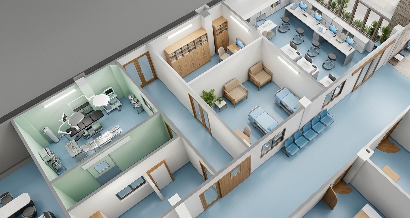 An incredibly lifelike, richly detailed, photorealistic axonometric interior view of a modern medical workshop and clinical wellness facility set in an upscale health institute. The scene is illuminated by crisp, diffused overhead daylight-balanced LED lighting, creating a serene, highly professional atmosphere. Captured with a professional tilt-shift architectural lens, emphasizing the immaculate surfaces, precise spatial planning, and clean materiality, this minimalist haven presents an uncluttered, Zen-inspired layout. The specialized zones feature a sterile operating suite with subtle pastel-green walls, polished stainless steel medical tools, and a streamlined black operating table. Adjacent to it, a calm recovery room houses simple, elegant recovery beds in light-blue linens alongside warm wooden-framed armchairs in soft sand tones. The workspace culminates in a pristine, clutter-free nurse reception counter with sleek white-and-gray desks, ergonomic stools, and minimalist hardware. Smooth light-blue epoxy flooring runs continuously beneath the pristine white walls and elegant wooden doors, punctuated by subtle accents of indoor greenery that soften the functional, high-end clean aesthetic.