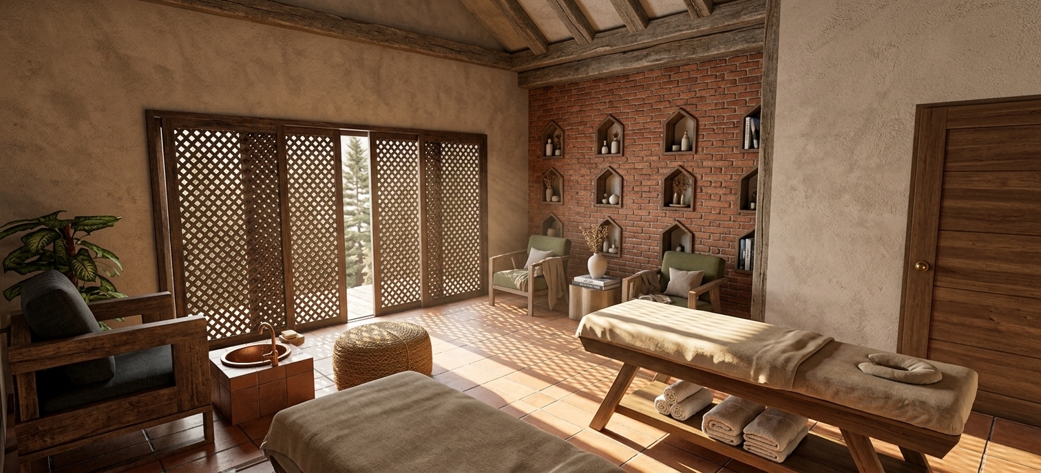 An incredibly lifelike, richly detailed, photorealistic wide-angle interior photo of a cozy massage and wellness sanctuary set in a secluded, alpine mountain escape attic. The scene is illuminated by warm, honeyed afternoon sunlight filtering through large, sliding dark-wood lattice screens, casting intricate dappled shadows across the terracotta-tiled floor, creating an incredibly serene and inviting atmosphere. Captured with a professional 24mm f/2.8 lens, emphasizing the tactile textures of the exposed red-brick accent wall with its arched display niches, the organic grain of the heavy wooden ceiling beams overhead, and the soft, textured plaster walls. In this spacious, rustic cabin-inspired retreat, two sturdy wooden massage beds draped in plush, warm-neutral linens occupy the foreground, with neatly rolled white towels stacked underneath. Comfortable, ruggedly stylish armchairs in deep charcoal and muted olive green are nestled in relaxation corners, accompanied by a textured woven jute pouf, a small copper-finished hand-washing basin, and lush, leafy indoor plants that breathe life into the natural space. A sturdy wooden side table by the back brick wall holds a thick photography book of mountain peaks alongside minimalist ceramic vases, grounding this comfortable, wooden loft in a timeless, nature-inspired palette of deep greens, rich browns, and warm earthy tones.