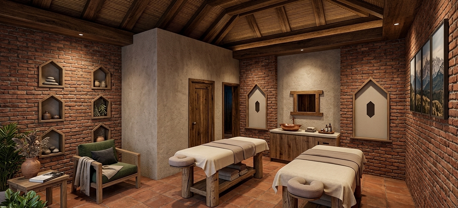 An incredibly lifelike, richly detailed, photorealistic wide-angle interior photo of a rustic spa sanctuary set in a secluded cabin-inspired mountain escape. The scene is illuminated by soft, ambient warm light and gentle shadows, creating a deeply relaxing, cozy, and inviting alpine atmosphere. Captured with a high-end mirrorless camera and 24mm wide-angle lens, emphasizing the rich textures and details of the exposed, rugged red brick walls, the coarse plaster partitions, and the deep organic cracks of the solid wooden elements. Two sturdy, log-based wooden massage tables draped in crisp, warm neutral linens sit centrally on terracotta floor tiles, ready for guests. High overhead, a vaulted ceiling of thick, dark wooden beams and intricate woven bamboo panels frames the attic-like space. To the left, a comfortable rustic wooden armchair with deep green and charcoal cushions holds a soft throw blanket, positioned near a small wooden table featuring a textured clay vase with dried mountain botanicals, lush indoor plants, and an elegant photography book. On the far wall, a clean white vanity unit with a vessel sink is flanked by unique, pointed arched wall niches, while the right wall is adorned with a sophisticated series of multi-panel mountain range wall artworks, completing this nestled alpine haven.