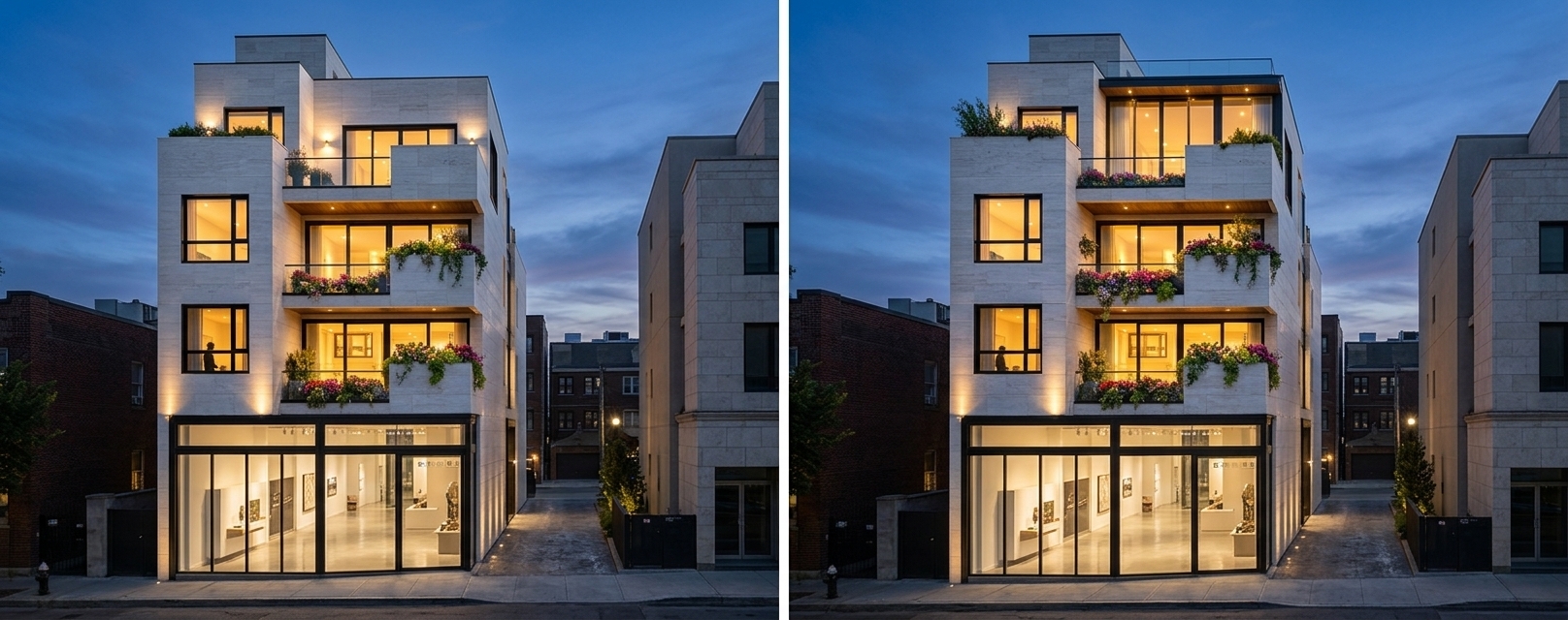 An incredibly lifelike, richly detailed, photorealistic eye-level architectural shot of a sleek, narrow five-story building set in a sophisticated urban neighborhood at twilight. The scene is illuminated by a warm, welcoming golden glow from the building’s extensive interior lighting and subtle, elegant exterior LED uplighting, creating a cozy and luxurious evening atmosphere. Captured with a professional 24mm tilt-shift lens, emphasizing the smooth, polished texture of the beautiful white travertine stone facade, the sharp edges of black metallic window frames, and the vibrant colors of fresh flowers, this minimalist haven stands out against a deep blue dusk sky. The ground floor is dedicated to a high-end commercial space, featuring floor-to-ceiling glass walls that reveal a brightly lit, double-height interior showroom with sleek concrete floors. Above, the residential units are stacked in a dynamic, asymmetrical composition of stepped terraces and balconies, each embellished with lush green ornamental plants and cascading red and white flowers draping over glass railings. At the peak, a charming recessed attic penthouse with large glazed sliding doors glows warmly, completing this perfectly proportioned urban sanctuary that harmoniously blends modern stone architecture with organic pocket gardens.