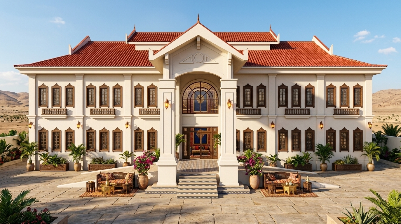 An incredibly lifelike, richly detailed, photorealistic wide-angle architectural photo of an opulent, grand two-story manor house blending majestic symmetrical structures with Moroccan mystique, set in a sun-drenched, exotic courtyard. The scene is illuminated by brilliant mid-afternoon sunlight and the warm, golden glow of ornate copper lanterns mounted on the white stucco walls, creating a vibrant, warm, and sensual atmosphere. Captured with a 24mm tilt-shift lens, emphasizing the rich textures of the brilliant red terracotta gabled roof, pristine plastered columns, and intricate geometric zellige tile patterns adorning the grand central steps. The majestic central portico rises proudly, drawing the eye toward a soaring arched window displaying glimpses of a luxurious interior decorated with geometric wall art in deep blues, rich reds, and shimmering golds. Along the expansive paved outdoor patio and flanking the entrance ramps, elegant carved wooden and metal furniture is arranged alongside vibrant patterned textiles, low brass tables, and lush, tropical potted plants that bring a touch of natural life to the opulent Middle Eastern decor. Every double-hung window features dense carved wooden frames and delicate metal detailing, capturing the photorealistic depth, subtle reflections, and layered storytelling expected in a prestigious architectural photography book.