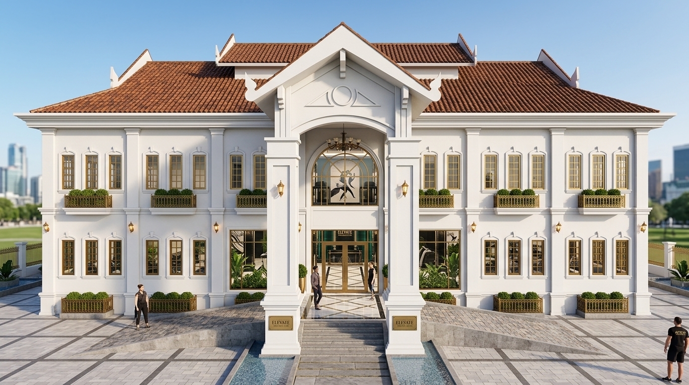 An incredibly lifelike, richly detailed, photorealistic wide-angle architectural photo of an ultra-exclusive fitness gym and wellness club housed within a grand, symmetrical Art Deco-inspired colonial estate set in a sleek, open-air urban plaza. The scene is illuminated by bright, clear afternoon sunlight that casts soft, crisp shadows along the pristine white stucco facade, creating a glamorous and invitingly luxurious atmosphere. Captured with a professional 24mm tilt-shift lens, emphasizing the perfectly balanced geometry, shimmering gilded-bronze window framing, and the rich textures of the multi-tiered terracotta roof, the building's majestic entrance showcases a high-arched, double-height portico supported by massive white columns and accented with warm-glowing brass wall sconces. Through the clear, double-door glass entrance and the grand arched fanlight above, the interior reveals glimpses of art deco glamour, featuring polished marble flooring, lacquered black surfaces, mirrored columns, and strategic jewel-toned lighting, showcasing a high-end workout space adorned with graphic wall art and lush, manicured indoor plants visible through the lower-level window bays.
