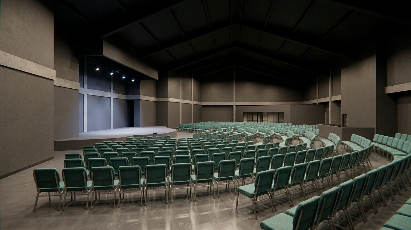 A wide-angle interior photograph of a massive, modern church sanctuary, capturing the precise geometry and layout of the seating and stage. The curved rows of chairs feature matte teal backrests with textured fabric upholstery on brushed steel frames, showing subtle highlights. The sanctuary floor is a muted gray polished concrete with faint, realistic scuffs and expansion joints. Warm, diffuse house lighting gently illuminates the auditorium from recessed architectural fixtures, casting soft, natural shadows under each chair, while cooler spotlights accentuate the stage area on the left. The high, dark gray acoustic walls are textured with fine drywall grain and punctuated by horizontal matte-finish concrete bands. The deep black angled ceiling structure recedes into soft, natural shadow. Photographed with a professional wide-angle lens, the image exhibits rich depth, natural color gradients, sharp details throughout the foreground chairs, a very subtle chromatic aberration near the frame edges, and a realistic, clean architectural atmosphere.