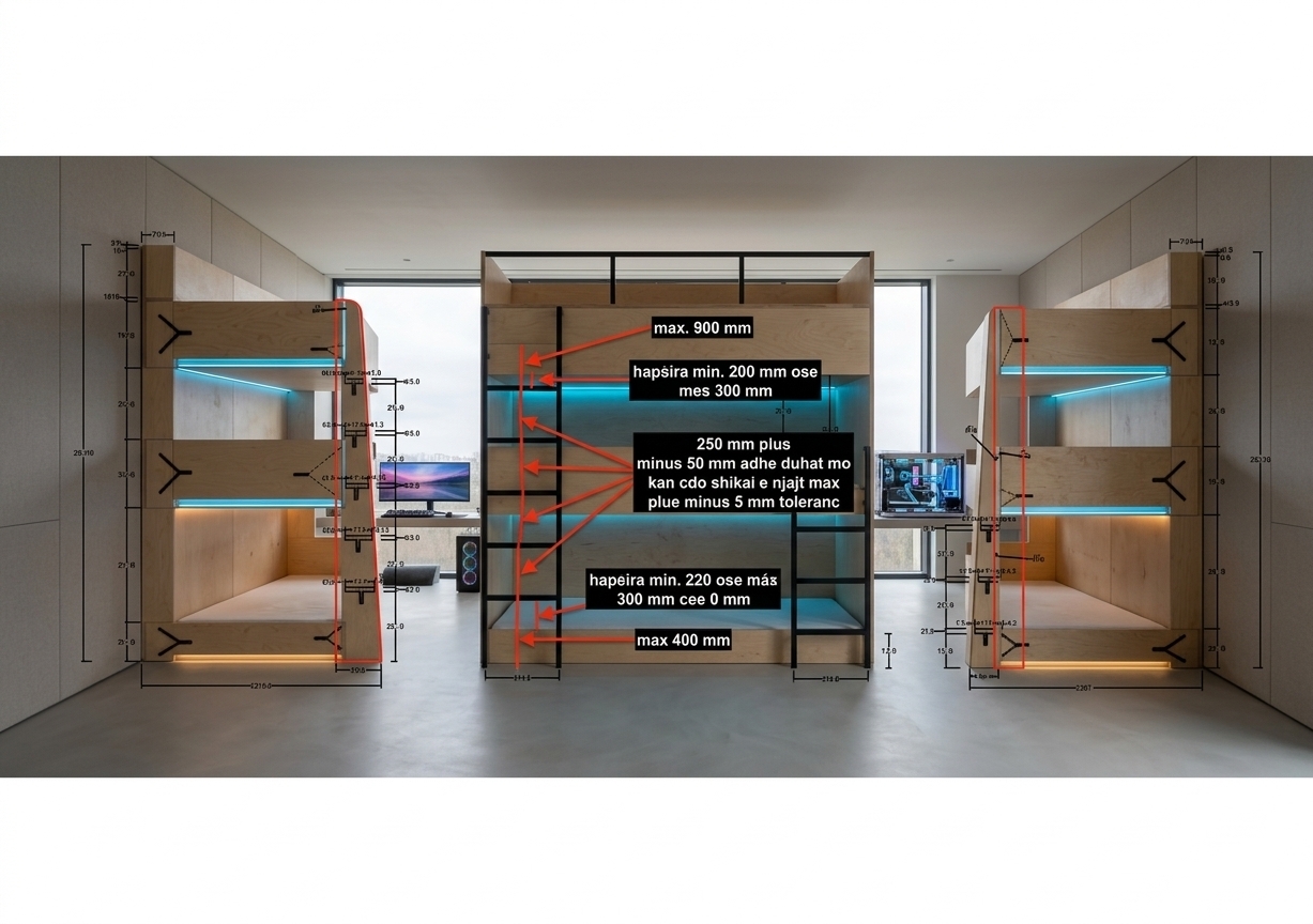 An incredibly lifelike, richly detailed, photorealistic medium-angle interior architectural shot of a custom-engineered triple bunk bed unit, constructed precisely to the 2200mm total height and 250mm step-interval specifications of the original design drawing, set in a modern, ultra-sleek minimalist gaming haven. The scene is illuminated by a mixture of diffuse, natural overcast daylight streaming from a large floor-to-ceiling window to the side, and subtle, customizable neon-blue and warm amber LED smart-lighting strips recessed beneath each bunk platform, creating a calm, high-tech, and futuristic atmosphere. Captured with a 35mm f/2.8 prime lens on a high-end medium format camera, emphasizing the tactile textures of matte-finished natural birch plywood, fine black powder-coated steel hardware, and clean, seamless joint lines, the shot shows the three perfectly aligned sleeping tiers stacked with geometric precision. A sleek, integrated black metal frame ladder runs up the side, adhering to the tight tolerances of the plan, while the surrounding room features a seamless, light-grey microcement floor, a minimalist workspace with a low-profile gaming setup in the background, and neutral-toned acoustical wall panels that enhance the clean, architectural symmetry of this ingenious space-saving design.