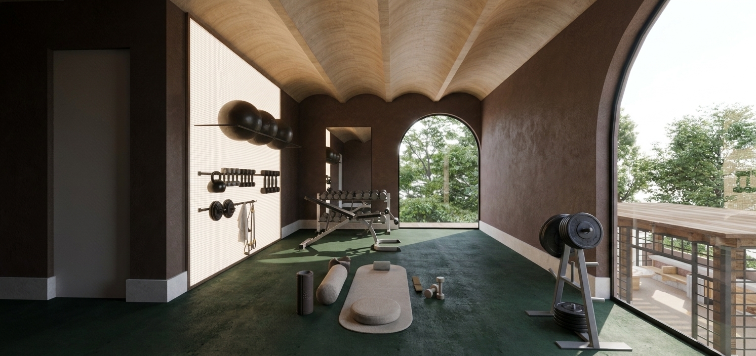 A beautifully shot, high-end photorealistic photograph of a modern home gym, preserving the exact architecture, geometry, and layout of the scene. Natural, soft daylight streams through the large arched windows, casting delicate, diffuse shadows across the deep forest green textured floor. The left-hand wall features a soft glowing, backlit white grid panel that acts as an elegant indirect light source, illuminating the matte black dumbbells, metal kettlebells, and medicine balls on their wall mounts with realistic metallic highlights. The curved, vaulted wood ceiling shows fine, natural oak grain with soft, indirect illumination bouncing from the walls. The earthy brown plaster walls have a subtle, tactile stucco texture that catches the light unevenly. Every piece of equipment, from the central workout mats and foam rollers to the adjustable weight bench in the background, is rendered with precise material physics, showcasing subtle micro-scratches on the metal, matte rubber grips, and powder-coated steel finishes. The overall atmosphere is serene and airy, captured with a professional wide-angle camera lens, featuring natural light-wrap around the window frames, realistic tone-mapping, and a faint touch of natural film grain for absolute realism.