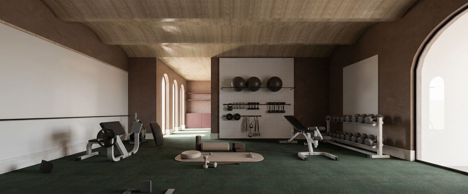 A wide-angle interior architectural photograph of the gym scene, precisely preserving the exact structure, geometry, camera angle, materials, and composition of the room. The space is beautifully illuminated by soft, realistic indirect daylight flowing from the arched openings on the right and down the back corridor, creating natural ambient occlusion in the corners and beautifully diffused, soft shadows. The uniquely vaulted wooden ceiling exhibits high-fidelity wood grain textures with a subtle, realistic luster under the diffuse ambient lighting. The earthy brown plaster walls feature a realistic, tactile matte stucco micro-texture with organic, non-uniform variations. The dark forest-green carpet shows realistic low-pile fiber texture catching the grazing light. Every piece of equipment, from the matte-black and powder-coated white steel frames of the weight machines to the iron dumbbells, is rendered with precise material physics, featuring authentic specular highlights, micro-imperfections, and faint brushed-metal reflections. Shot on a professional camera with a clean aesthetic, subtle lens bloom, natural vignetting, and a trace of film grain for absolute photographic realism.