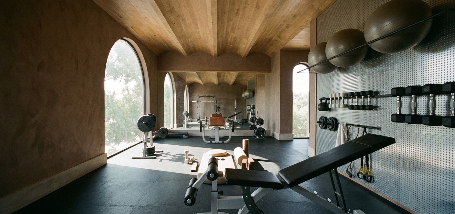 A professional photograph of a modern home gym, captured with natural, indirect daylight streaming through the large arched windows, casting soft-edged, realistic shadows across the room. The back wall features a large, glass mirror that realistically reflects the entire length of the gym with perfect optical clarity, showing the reverse perspective of the wooden vaulted ceiling, the exercise equipment, and the textured walls with subtle silvering and faint, natural dust or smudges near the edges. The plaster walls have a matte, earth-toned finish, while the ceiling shows a fine, realistic wood grain texture. The gym equipment, including the bench in the foreground, metal barbells, rubber dumbbells, and hanging medicine balls, exhibits realistic material physics with soft specular highlights on metallic surfaces and a matte, non-reflective finish on the rubber mats and grippy textures. The dark rubber flooring has a subtle, non-slip texture that absorbs and softly diffuses the ambient light. The scene is rendered with a wide-angle lens, maintaining sharp focus throughout, with natural depth of field, gentle ambient occlusion in the corners, and a subtle touch of organic film grain to ensure a completely authentic, non-digitized look.