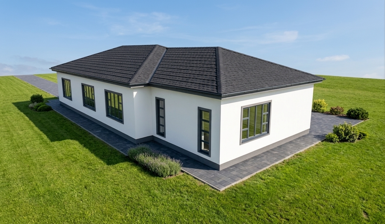 An incredibly lifelike, richly detailed, photorealistic wide-angle exterior shot of a contemporary single-story suburban residence set in a manicured outdoor garden. The scene is illuminated by bright, clear midday sunlight, creating a crisp, vibrant, and welcoming atmosphere. Captured with a professional 35mm architectural lens, emphasizing the fine textures of the clean white plaster walls and the dark asphalt-shingled roof, this visualization preserves the exact L-shaped geometry of the building, showcasing its elegantly pitched hipped roof and its dark charcoal-gray concrete plinth foundation. The windows, outlined with matching dark aluminum frames, feature crystal-clear, multi-pane glazing that beautifully catches the blue sky’s reflection. Three large windows line the left wing, while two tall, slender vertical windows flank the recessed corner, and a wide picture window dominates the right facade. The structure stands on a lush lawn of vibrant green spring grass, with sharp, realistic shadows cast across the terrain beneath a soft, natural sky, completing a picture-perfect, high-end architectural visualization.