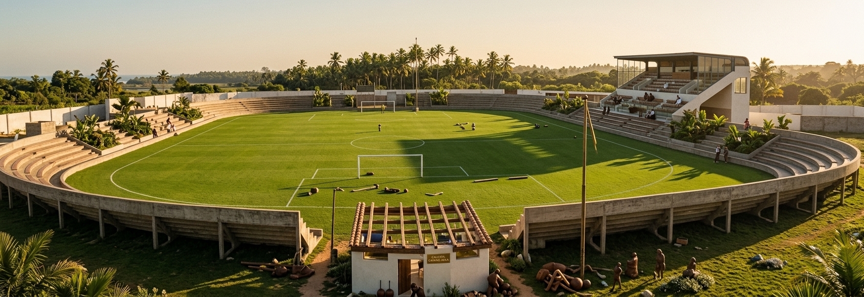 An incredibly lifelike, richly detailed, photorealistic wide-angle architectural photo of a luxurious Mediterranean retreat's entertainment pavilion and gaming lounge integrated into a meticulously restored 1950s football stadium set in a sun-drenched, palm-fringed coastal valley. The scene is illuminated by the golden, warm glow of a late afternoon sun casting long, dramatic shadows across the pristine emerald-green pitch, creating a nostalgic yet opulent atmosphere. Captured with a Hasselblad H6D-100c and a 24mm tilt-shift lens, emphasizing the rich contrast between the raw, vintage textures of the curving concrete stands, smooth white lime-washed plaster walls, and sleek floor-to-ceiling glass. In the foreground, replacing the historic entrance structure, is a contemporary Mediterranean pavilion featuring rustic exposed timber beams, terracotta roof tiles, and an open-concept interior layout; through the expansive glass facade, a high-end gaming room is revealed, equipped with custom walnut desks, plush leather lounge chairs, minimalist RGB accent lighting, and vintage leather footballs on display. This sophisticated viewing lounge overlooks the low, sweeping modernist stands filled with vibrant tropical vegetation and the chalk-lined field, gracefully blending mid-century sports heritage with the tranquil elegance of a luxury private estate.