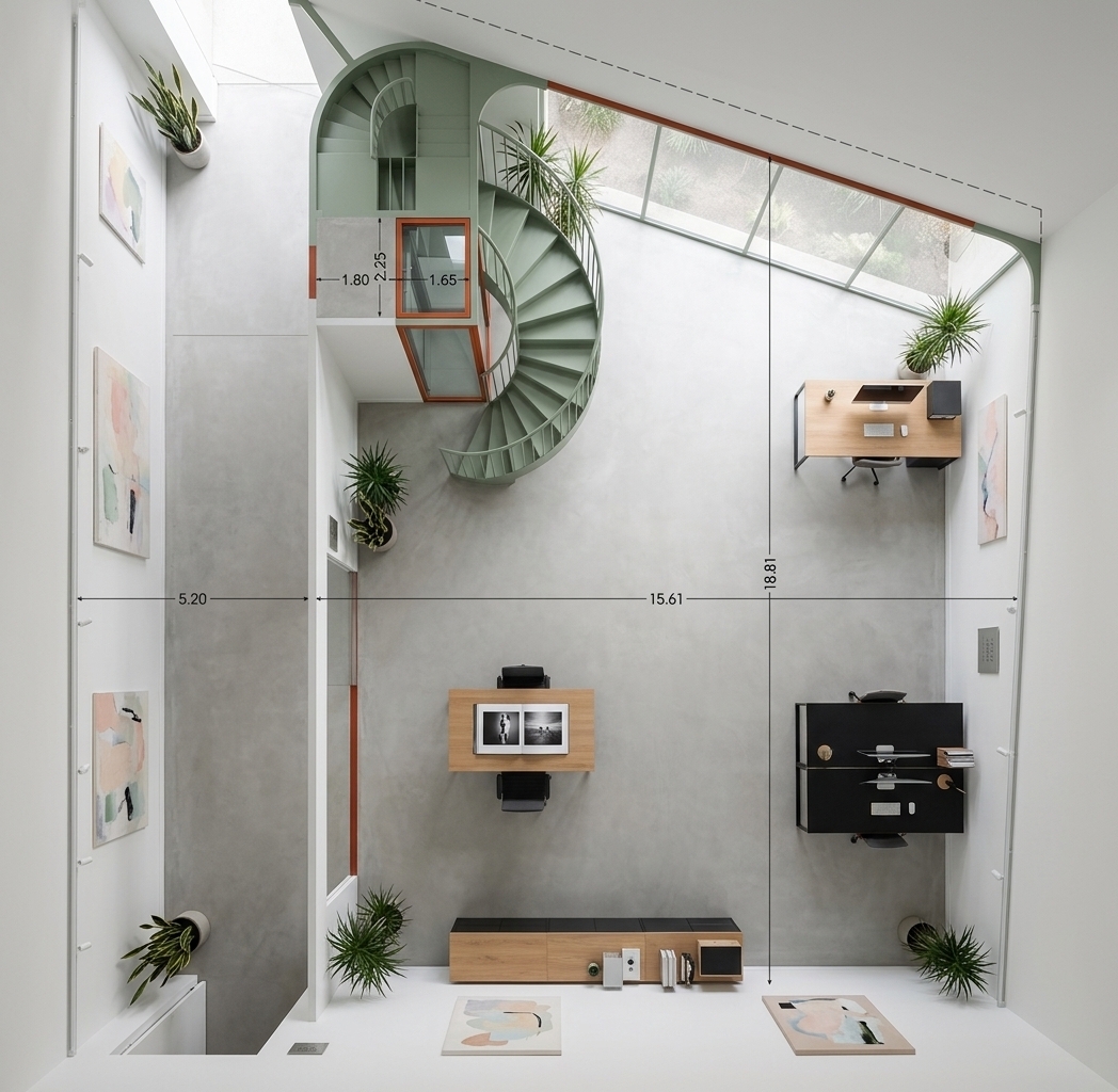 An incredibly lifelike, richly detailed, photorealistic high-angle, overhead architectural shot of a massive, open-plan design workshop and minimalist haven set in a converted industrial loft. The scene is illuminated by soft, diffused morning daylight pouring in from invisible skylights, creating a serene, uncluttered, and deeply zen atmosphere. Captured with a Hasselblad H6D-100c and a 24mm wide-angle lens, emphasizing the incredibly smooth, monochromatic texture of light-gray polished concrete floors, sleek white walls, and a streamlined architectural layout. On the left, a long, narrow gallery passage runs parallel to a vast, expansive creative studio workspace. Near the top center, an elegant, winding spiral staircase made of sage-green powder-coated steel curves gracefully beside a sleek, minimalist glass-enclosed elevator outlined with a thin, vibrant burnt-orange steel frame. The spacious workshop area is populated by meticulously arranged, low-profile wooden and matte black metal desks, completely clutter-free, where a single large-format photography book sits open. Minimalist decor, abstract expressionist wall art in soft pastel tones, and tall, sculptural indoor plants like snake plants and Dracaenas bring organic warmth to the cool white-and-gray palette, resulting in an elegant, modern workspace of pure functional harmony.
