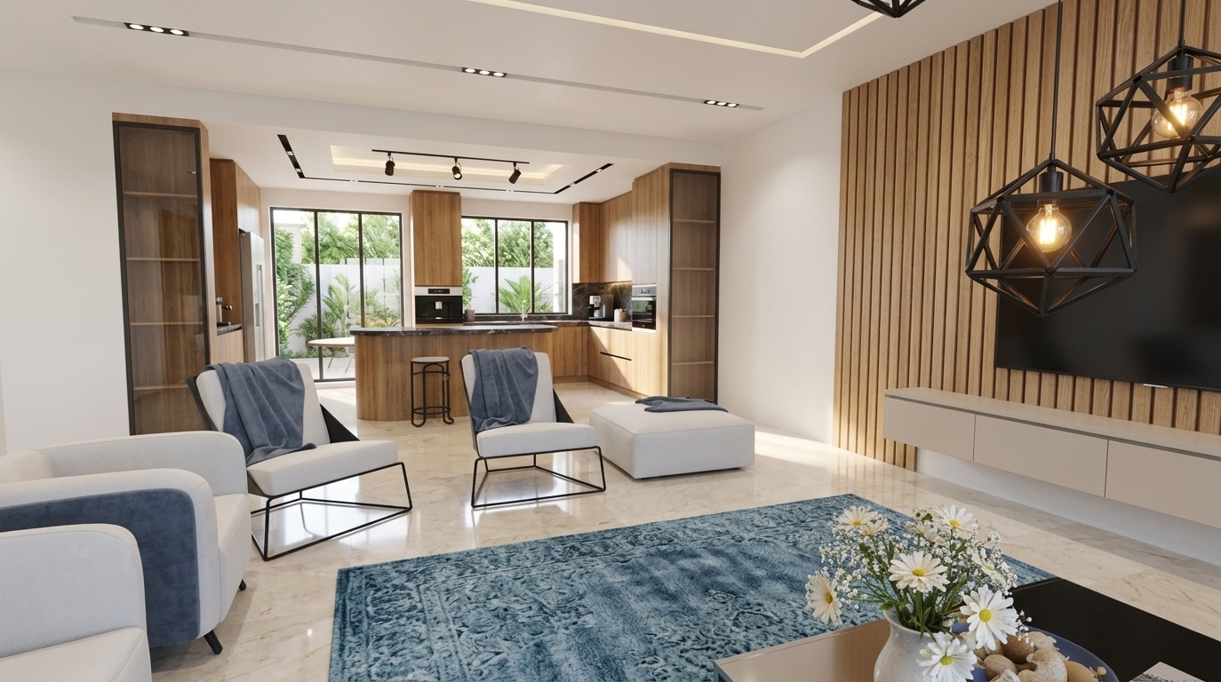 An incredibly lifelike, richly detailed, photorealistic wide-angle interior photo of an open-concept coastal living lounge and cafe space set in a sun-drenched seaside retreat. The scene is illuminated by gentle, sun-kissed morning light streaming through expansive glass doors, complemented by sleek recessed ceiling fixtures, creating an airy, light, and relaxed atmosphere. Captured with a professional 24mm architectural lens, emphasizing the glossy polished marble floors, warm natural wood cabinetry, crisp white walls, and matte black metal accents.

In the foreground, stylish modern armchairs with minimalist black wireframes are layered with slate-blue throw blankets, arranged over a vast ocean-blue area rug. To the right, sculptural geometric cage pendant lights hang elegantly beside a low-profile floating media console. The background seamlessly opens up to a sleek kitchen and breakfast bar featuring rich timber cabinetry and dark marble countertops, framed by large glass windows looking out onto vibrant outdoor greenery that invites a fresh, coastal breeze indoors.