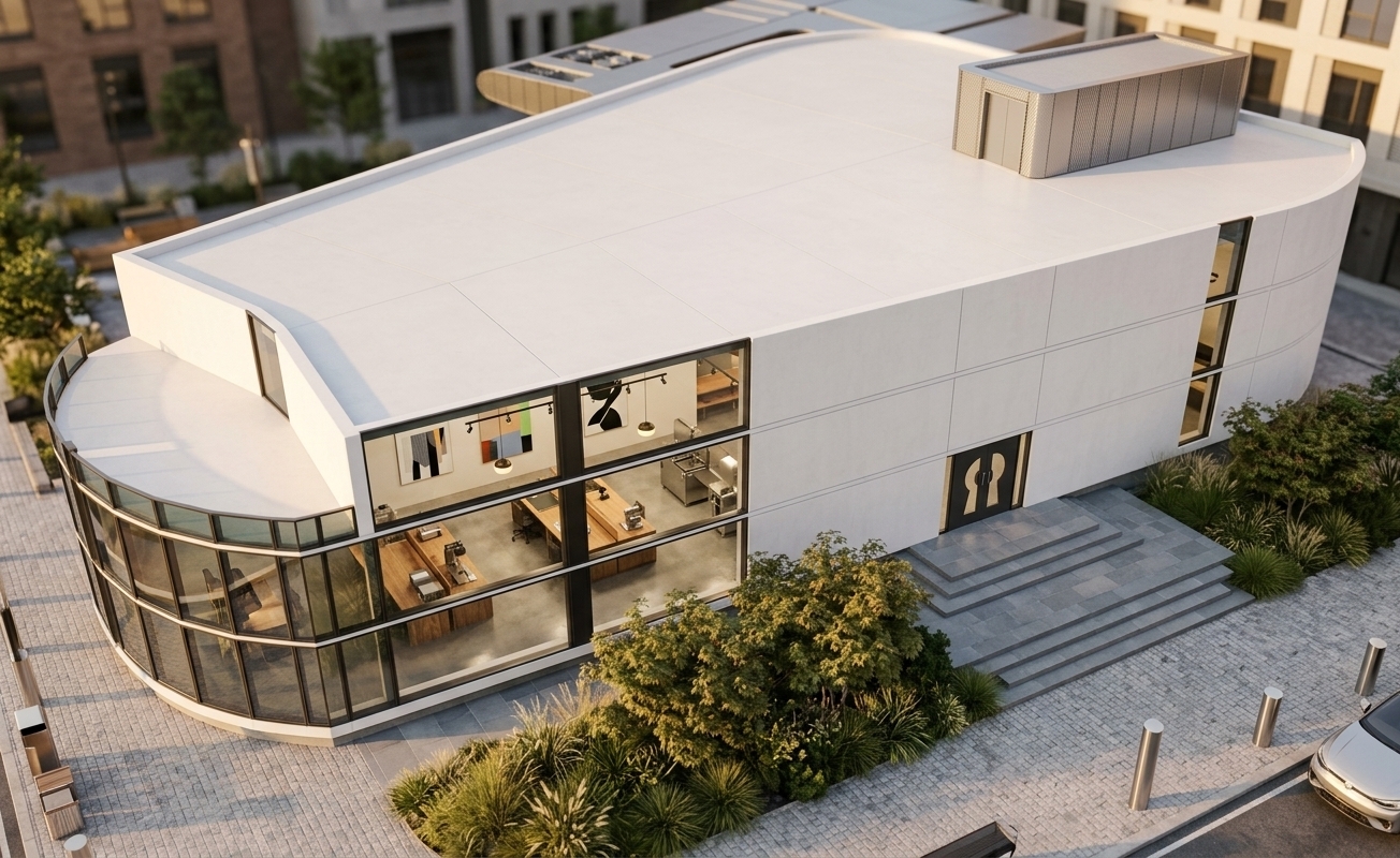 An incredibly lifelike, richly detailed, photorealistic high-angle architectural shot of a contemporary modern fusion workshop set in a clean, upscale urban creative district. The scene is illuminated by the soft, warm glow of a late afternoon sun, creating a dynamic, inviting, and sophisticated atmosphere. Captured with a professional 24mm tilt-shift lens, emphasizing the building’s pristine, smooth white surfaces, sharp geometric lines, and reflective metallic frames. The design masterfully balances sleek, bold modular forms with organic curves, highlighted by a sweeping, multi-tiered glass curtain wall on the left corner and large, dark-framed rectangular window bays along the main facade. Through these expansive windows, glimpses of a bright, open-concept interior reveal polished concrete floors, warm wooden workstations, and minimalist abstract wall art in shades of black, white, and vibrant accents. Outside, the structural entrance is defined by elegant, low-profile stone step-terraces surrounded by lush green architectural planting, framing this striking piece of contemporary industrial-inspired architecture as if it were a high-end feature in a luxury design and photography book.