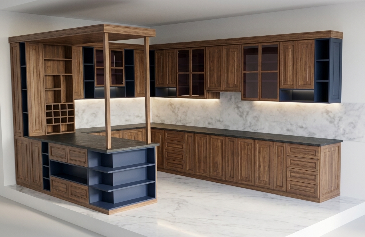A professional interior architectural photograph of a luxury kitchen with the exact same layout, structure, and camera perspective as the reference image, where all of the originally white cabinetry components, including the backing panels of the peninsula shelves and the open shelving frames, are finished in an elegant matte navy blue lacquer. The main cabinets are constructed from warm walnut wood with natural grain variations and a tactile satin finish. The countertops are made of honed, dark charcoal slate with faint, natural micro-scratches and textures, while the backsplash is a polished slab of white marble featuring subtle, realistic grey veining that reflects the ambient light. The glass-front upper cabinet doors are made of dark-tinted plum glass that partially reveals the interior. The entire scene is illuminated by soft, natural daytime light coming from an unseen side window, casting gentle, diffused shadows, complemented by warm LED under-cabinet lighting that glows softly against the backsplash. Captured with a professional wide-angle lens, the image features sharp details, realistic material physics, fine surface dust, and a delicate lens bloom that makes it look like a real, lived-in designer home.