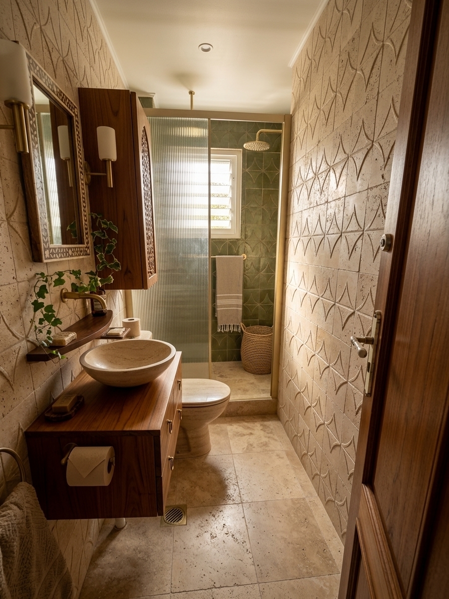 An incredibly lifelike, richly detailed, photorealistic wide-angle interior shot of a beautifully reimagined, narrow bohemian-lux bathroom set in a curated, globally-inspired home. The scene is illuminated by soft, warm afternoon sunlight filtering through a textured glass window, supplemented by the gentle glow of brushed brass wall sconces, creating a serene, worldly, and sophisticated atmosphere. Captured with a 24mm architectural lens, emphasizing the organic texture of hand-carved travertine, the rich grain of reclaimed teak wood, and the faint shimmer of artisanal zellige tiles, this design perfectly preserves the original narrow proportions of the space while dramatically upgrading its utility and aesthetic. In place of the old pedestal sink, a custom-designed, floating vanity made of deep honey-toned teak wood stretches along the left wall, offering integrated under-sink storage drawers with delicate brass ring pulls, topped by an elegant, shallow travertine vessel sink and a wall-mounted brass faucet. Hanging just above is a slender, arched medicine cabinet with intricate Moorish-style carved wood detailing on its door, providing ample extra storage for toiletries without crowding the narrow pathway. The outdated brown wall tiles have been replaced with a warm, seamless beige-stucco tadelakt finish that reflects the light softly, paired with a vertical band of hand-glazed olive-green zellige tiles in the walk-in shower. The shower itself is now enclosed by a sleek, frameless fluted glass panel that maximizes the sense of depth, showcasing a luxurious brushed brass rain shower head. High on the wall, a beautifully framed bone-inlay mirror acts as a centerpiece, while small, thoughtfully curated details—like a rolled Turkish towel in a hand-woven rattan basket and a small, trailing ivy plant—evoke the adventurous spirit of a traveler’s trove, harmonizing functional storage with high-end, tactile design.