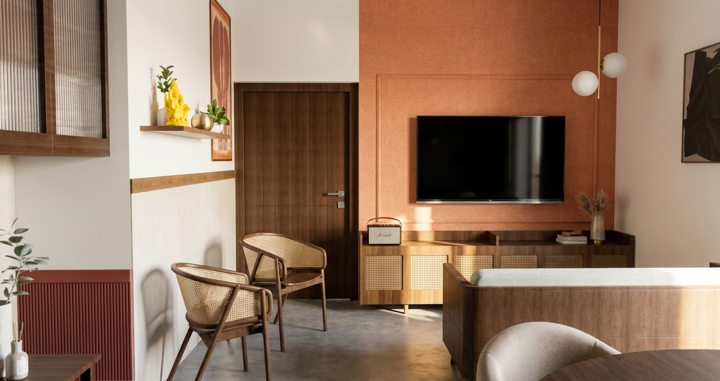 A high-resolution photograph of a contemporary living room during a bright, sunny summer midday, captured with a professional wide-angle lens. Warm, intense natural daylight floods the space from the side, casting soft yet defined shadows across the smooth, matte-grey floor and creating a vibrant, airy atmosphere. The accent wall is clad in a textured, salmon-orange fabric wallpaper, catching the high-angle sun to highlight its fibrous micro-texture. The wooden elements, including the door, the media console, and the wicker-back armchairs, exhibit detailed, organic grain patterns and a realistic satin finish with subtle specular highlights. The woven cane on the chairs shows realistic, hand-crafted imperfections and organic variation in tone. The television screen is a deep black, semi-gloss glass surface reflecting faint, diffused details of the room. The brushed brass pendant lights hanging from the ceiling have a soft, metallic sheen, while the frosted glass globes diffuse light naturally. Small decor items, such as the yellow figurine, the small potted plants, and the decorative vases, are rendered with lifelike surface micro-textures, subtle dust specks, and natural leaf translucency, contributing to an authentic, lived-in atmosphere complete with a gentle, organic photographic grain and mild depth of field.