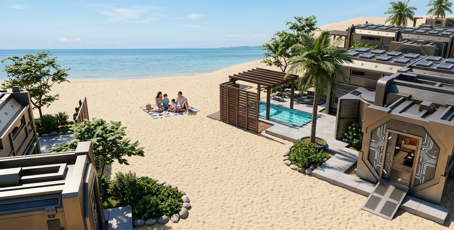 An incredibly lifelike, richly detailed, photorealistic wide-angle architectural photo of a state-of-the-art techno wonderland villa set in a serene tropical beach environment. The scene is illuminated by bright, direct midday sunlight, creating a vibrant, luxurious, and futuristic atmosphere. Captured with a Hasselblad H6D-100c and a 24mm lens, emphasizing the contrast between matte metallic composite panels and the soft, organic textures of the natural elements, this outdoor pool area features modular, industrial-chic villa cabins with complex cybernetic detailing and glowing circuitry on the sliding doors. A sparkling, crystal-clear plunge pool shimmering with turquoise water is nestled under a sleek, dark-stained timber pergola, bordered by a modern privacy screen. Smooth, polished concrete-look walkways meander between the high-tech structures, interspersed with thoughtfully landscaped beds of green shrubs bordered by smooth river stones. Tall, swaying palm trees and delicate green leafy trees frame the structures, while in the open sandy area, a family sits relaxed on the warm, fine-grained sand, looking out toward the calm, azure beach sea that meets a soft blue sky on the horizon.