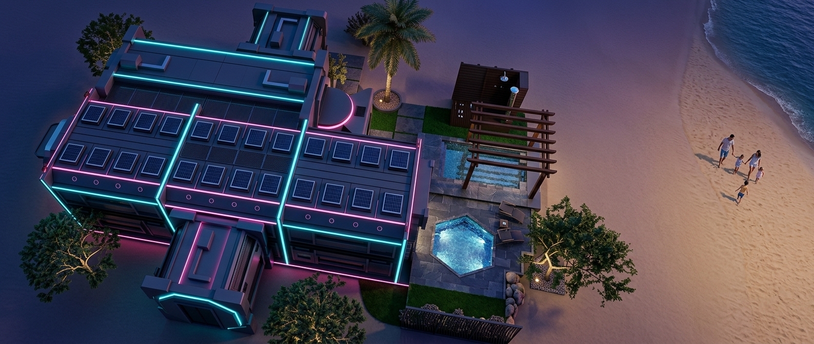An incredibly lifelike, richly detailed, photorealistic high-angle architectural shot of a sleek, futuristic modular villa set in a moody coastal beach environment. The scene is illuminated by dramatic neon noir lighting during the twilight hour, with deep blues and purples in the sky contrasting against the vibrant cyan and hot-pink LED strips tracing the villa's clean, tactical dark-gray metallic lines, creating a cinematic and atmospheric mood. Captured with a Hasselblad 24mm wide-angle lens, emphasizing the matte textures of the villa's composite outer shell, the glistening solar panels lining its roof, and the complex shadows of the outdoor pool area. This exterior space features a crystal-clear plunge pool shimmering under a dark wooden pergola, flanked by a polished octagonal slate tile terrace with minimalist outdoor lounging chairs. Patches of lush emerald green turf, natural beach stones, and wild, wind-swept coastal shrubs soften the structure's hard edges, leading seamlessly onto a vast expanse of soft, golden-beige sand where a family can be seen enjoying the tide. In the distance, the deep blue sea gently laps against the shore under the twilight haze, perfectly merging advanced, avant-garde architecture with a serene, raw natural landscape.