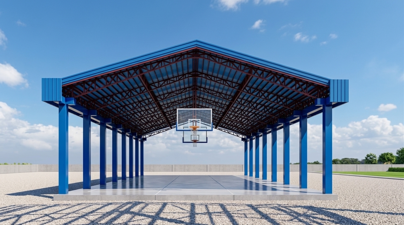 An incredibly lifelike, richly detailed, photorealistic wide-angle architectural photo of an open-air fitness gym and basketball pavilion set in a clean, minimalist park environment. The scene is illuminated by crisp, direct midday sunlight, creating a bright, energetic, and clean atmosphere. Captured with a professional 24mm tilt-shift lens, emphasizing the sharp geometric symmetry, vibrant colors, and industrial textures, the structure stands proudly on a raised, polished gray concrete slab. Robust, glossy blue columns line both sides, supporting a bright blue corrugated gable roof underlaid with an intricate, dark red steel truss system. Adding to its functionality as a minimalist sports haven, a professional basketball hoop featuring a transparent fiberglass backboard and a solid orange steel rim is securely mounted to the overhead truss with clean metal supports. The brilliant sunlight casts sharp, high-contrast shadows across the pristine court and onto the surrounding level gravel ground, while a scattered array of soft, photorealistic clouds drifts across the vibrant blue sky, highlighting a perfect harmony between modern utility and clean, open-air design.
