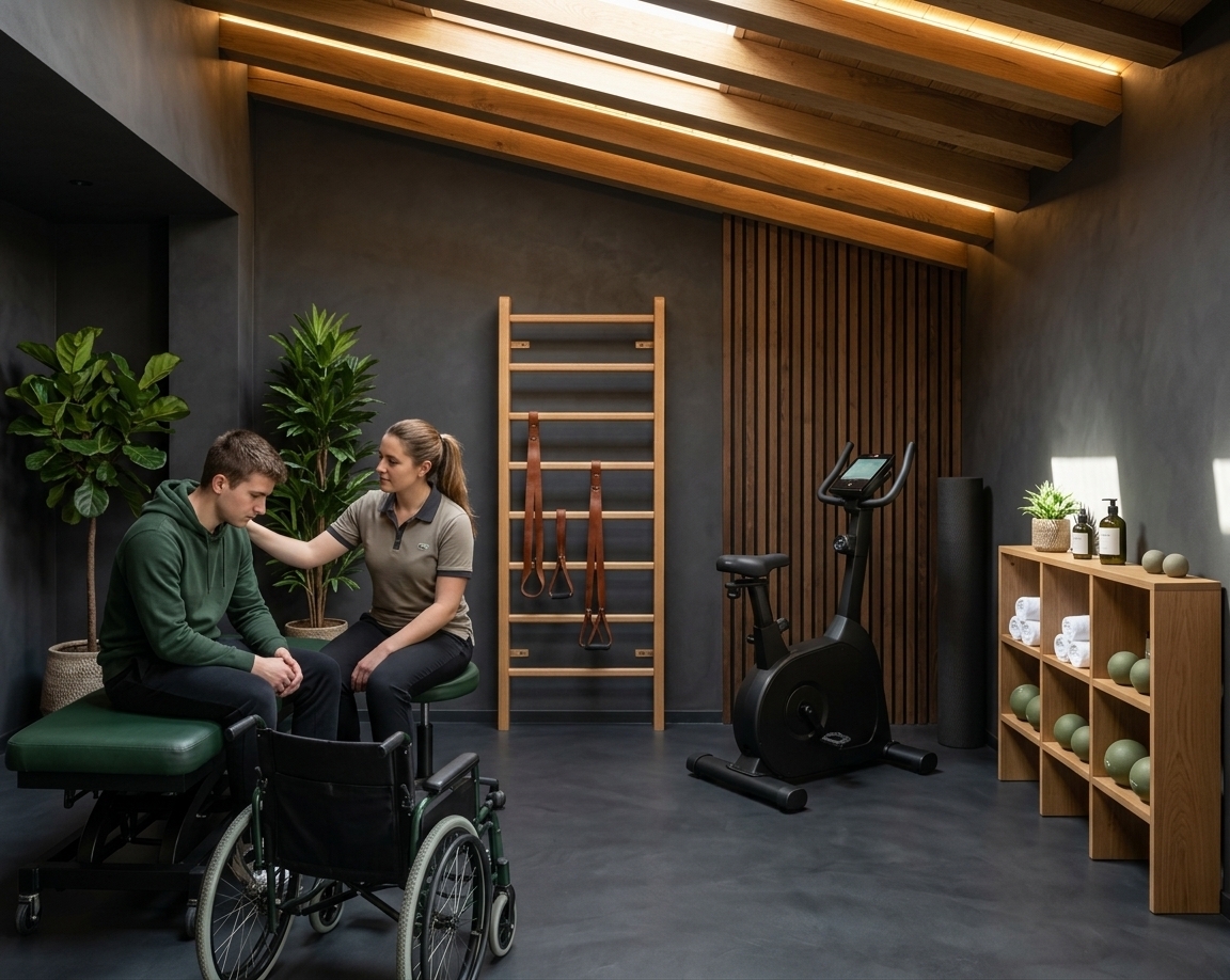An incredibly lifelike, richly detailed, photorealistic wide-angle interior shot of a bespoke fitness gym set in a luxury boutique wellness club. The scene is illuminated by bright midday spring sunlight cascading from an unseen skylight, mingling with warm, soft-golden LED uplighting that runs beneath the slanted wooden ceiling, creating an uplifting and energizing atmosphere. Captured with a Hasselblad H6D-100c and a 24mm wide-angle lens, emphasizing the rich textures of the sloped oak-beamed ceiling, the elegant ribbed wooden accent wall, and the seamless charcoal-gray plaster walls. In this modern fusion space, the layout perfectly preserves the original architectural lines: a premium wooden stall bar stands mounted on the back wall adorned with sleek leather suspension straps, while an ultra-modern, matte black smart exercise bike sits prominently on the right against the vertical wood slats. Beside it, a minimalist oak shelving unit is wealthily styled with pristine rolled white towels, olive-green medicine balls, and luxury aesthetic bottles. On the left, the therapeutic treatment table is reimagined with organic forest-green leather upholstery and a matte-black steel base, maintaining the functional zones while elevating the entire space into a highly sophisticated, holistic athletic sanctuary with a seamless dark-charcoal floor.