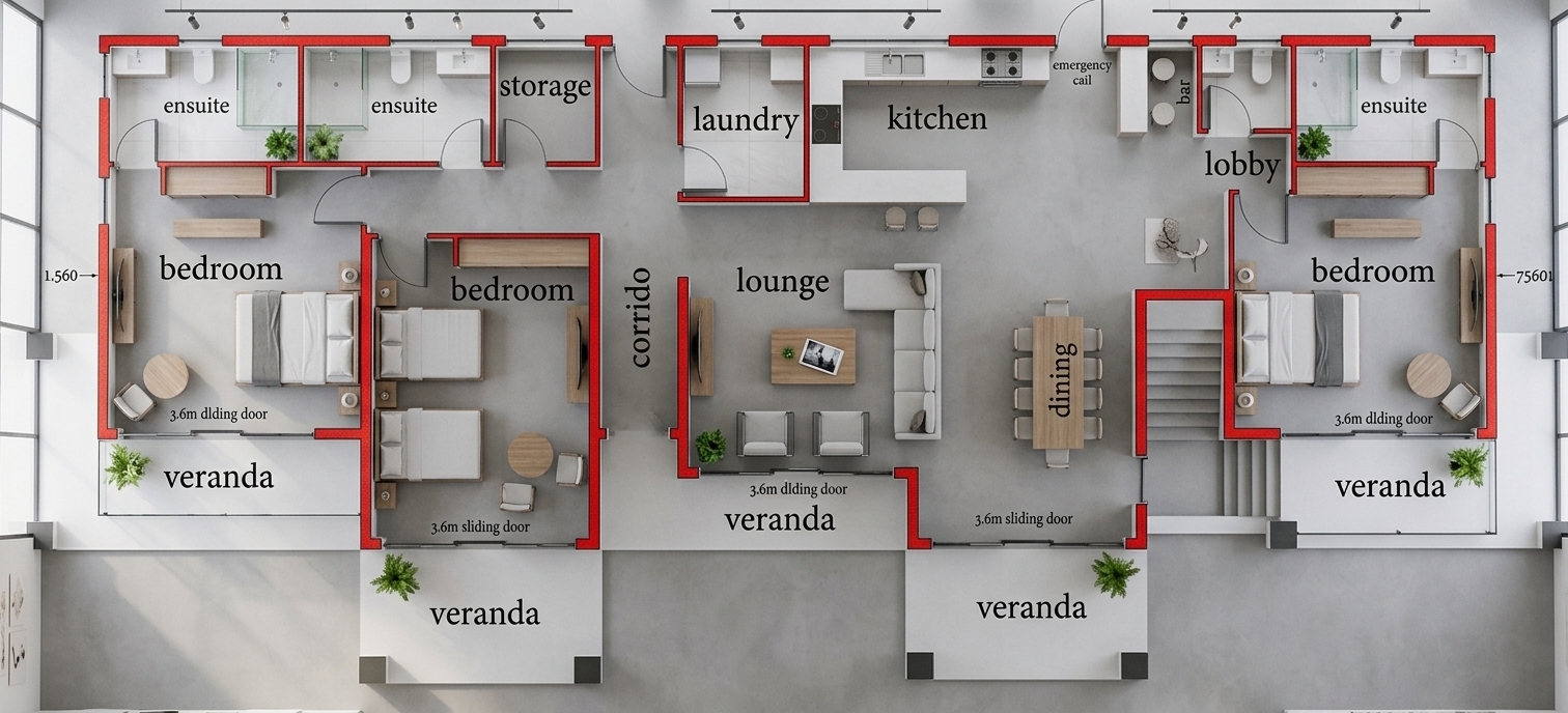 An incredibly lifelike, richly detailed, photorealistic overhead floorplan photo of an elegant, open-concept minimalist haven set in a spacious, high-end gallery exhibition space. The scene is illuminated by soft, natural light coming from virtual floor-to-ceiling windows and clean overhead gallery spotlights, creating a serene, calm, and uncluttered atmosphere. Captured with a professional medium-format camera and architectural lens, emphasizing the crisp boundaries, smooth concrete screed flooring, and refined textures of the living zones. This modern, streamlined home, evoking the curated luxury of an upscale hotel room or a worldly traveler's trove, features Zen-inspired furnishings throughout, beautifully decorated in a harmonious color palette of shades of white, cool gray, and subtle pastels. In the massive lounge and symmetrical bedrooms, sleek metal and wooden furniture pieces are arranged with functional sophistication, maintaining completely clutter-free surfaces highlighted by minimal decor, an artfully placed photography book lying open on a low wooden coffee table, and pieces of delicate abstract wall art adorning the pristine walls. Bright red-accented boundary lines clearly define the structured layout, while tiny pop-ups of lush green indoor plants breathe life into the immaculate porcelain-tiled en-suite bathrooms, the expansive outdoor veranda zones, and the dual kitchens. Every element, from the central corridor to the dining and laundry zones, aligns flawlessly to enhance the simple, elegant, and monochromatic design of this highly organized architectural masterpiece.