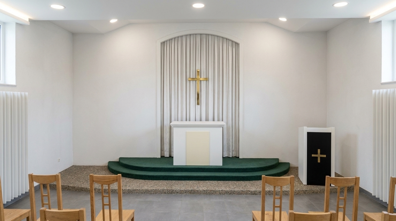 A wide-angle, symmetrical DSLR photograph of a modern chapel hall interior, captured with pin-sharp clarity and a natural depth of field. The walls are finished in a fine-grain, matte white stucco that softly diffuses the bright daylight streaming in from the sides. At the center, the arched niche is lined with realistic, heavy white pleated curtains made of tactile woven fabric with elegant folds that catch subtle highlights. Mounted centrally on the drapes is a polished brass cross, exhibiting a warm metallic sheen. Below, the white altar features a smooth, semi-matte surface with a soft cream-colored front panel. The raised platform consists of two steps upholstered in a rich, low-pile forest-green carpet, resting on a base stage of textured, neutral-toned pebble-aggregate stone. To the right stands a clean-lined black lectern with a satin finish, accented by a solid brass cross. In the foreground, the light oak wood chairs show detailed natural grain patterns and soft satin reflections under the diffuse light. The floor is composed of large, light-gray matte tiles with realistic, thin grout lines, and a soft glow emanates from recessed ceiling light strips, creating a serene, highly detailed architectural photograph.